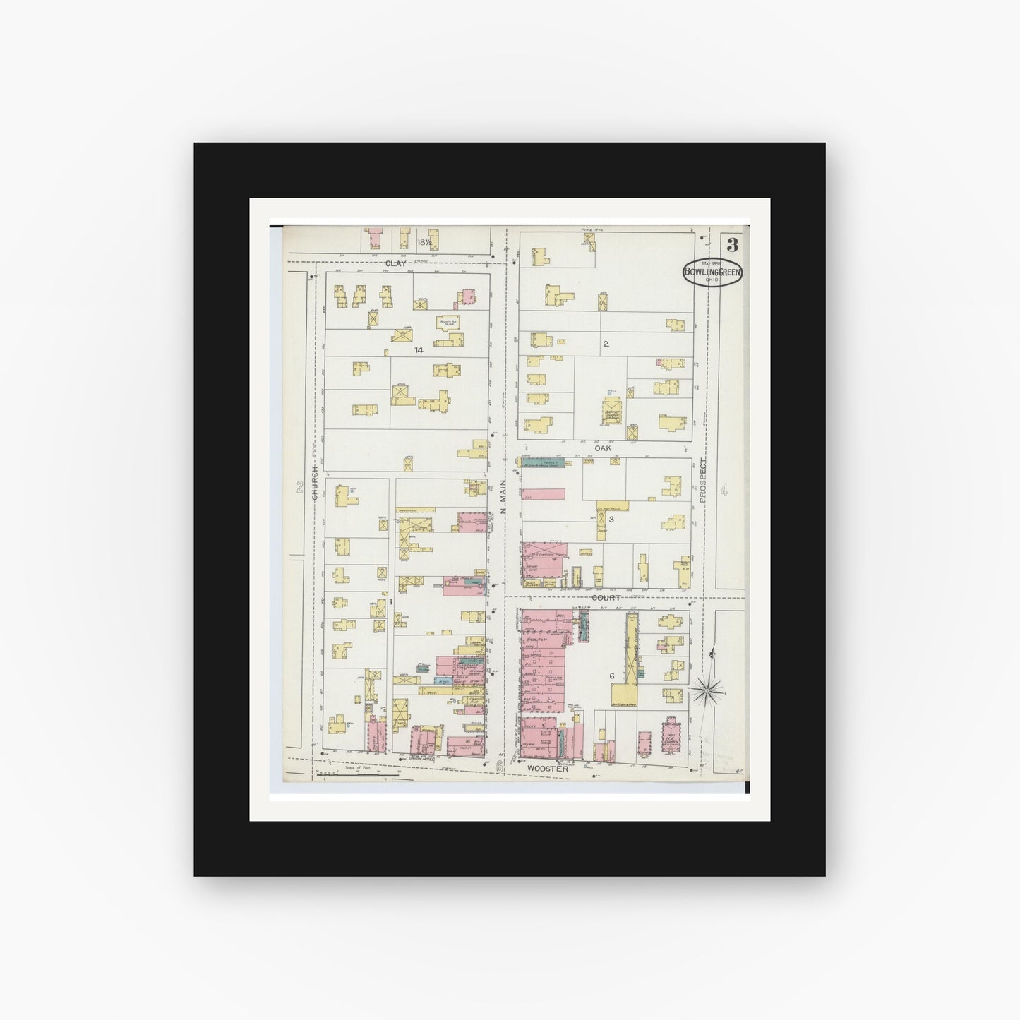 Old map wall art mockup — black gallery frame with white mat — Sanborn Fire Insurance Map from Bowling Green, Wood County, Ohio (1893), Sheet #0003