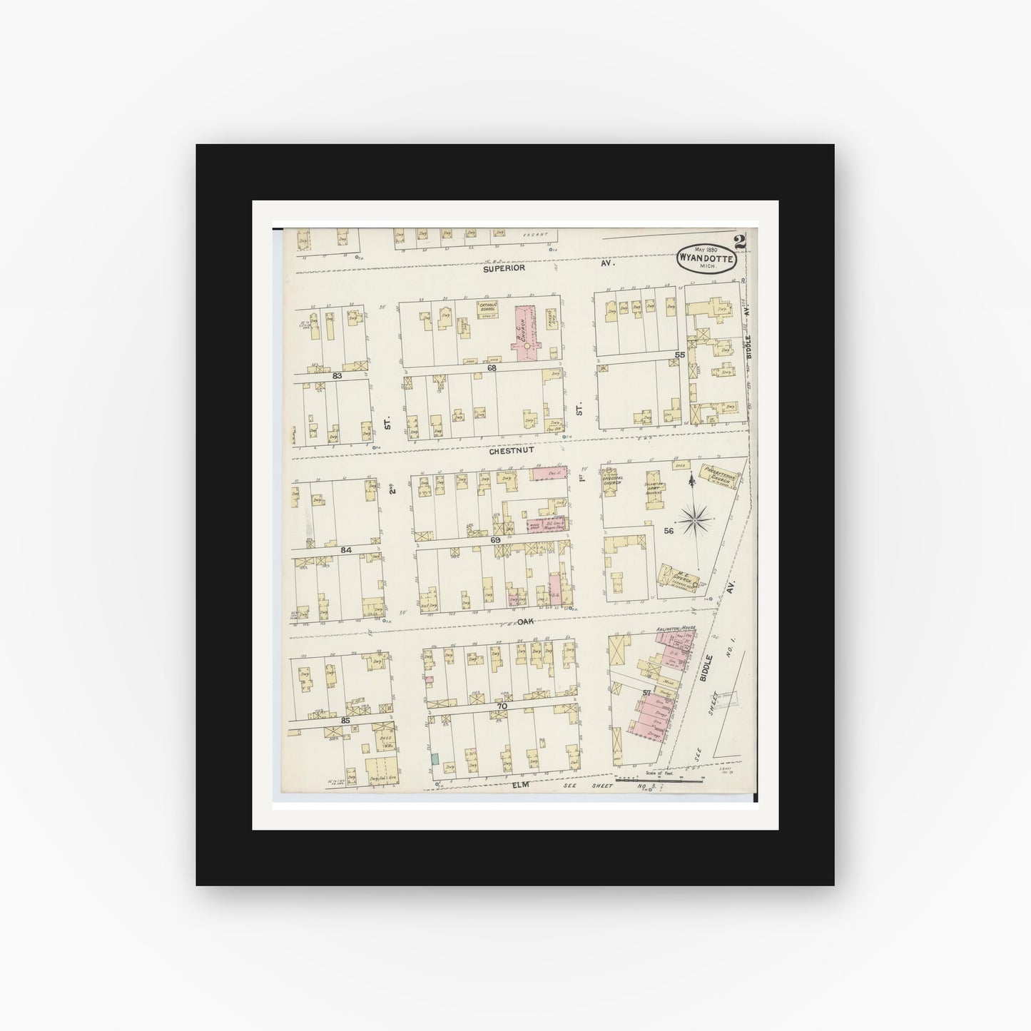 Old map wall art mockup — black gallery frame with white mat — Sanborn Fire Insurance Map from Wyandotte, Wayne County, Michigan (1890), Sheet #0002