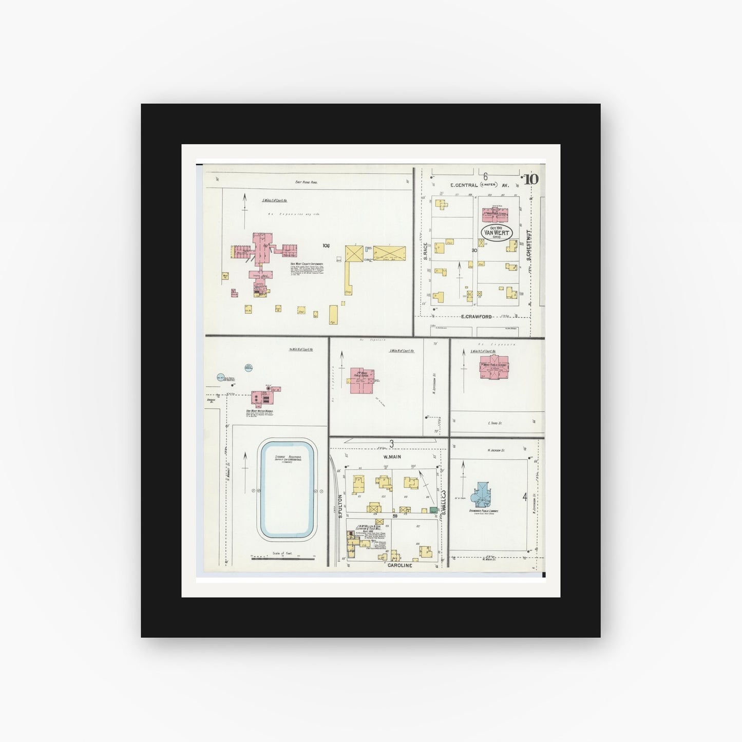 Old map wall art mockup — black gallery frame with white mat — Sanborn Fire Insurance Map from Van Wert, Van Wert County, Ohio (1901), Sheet #0010