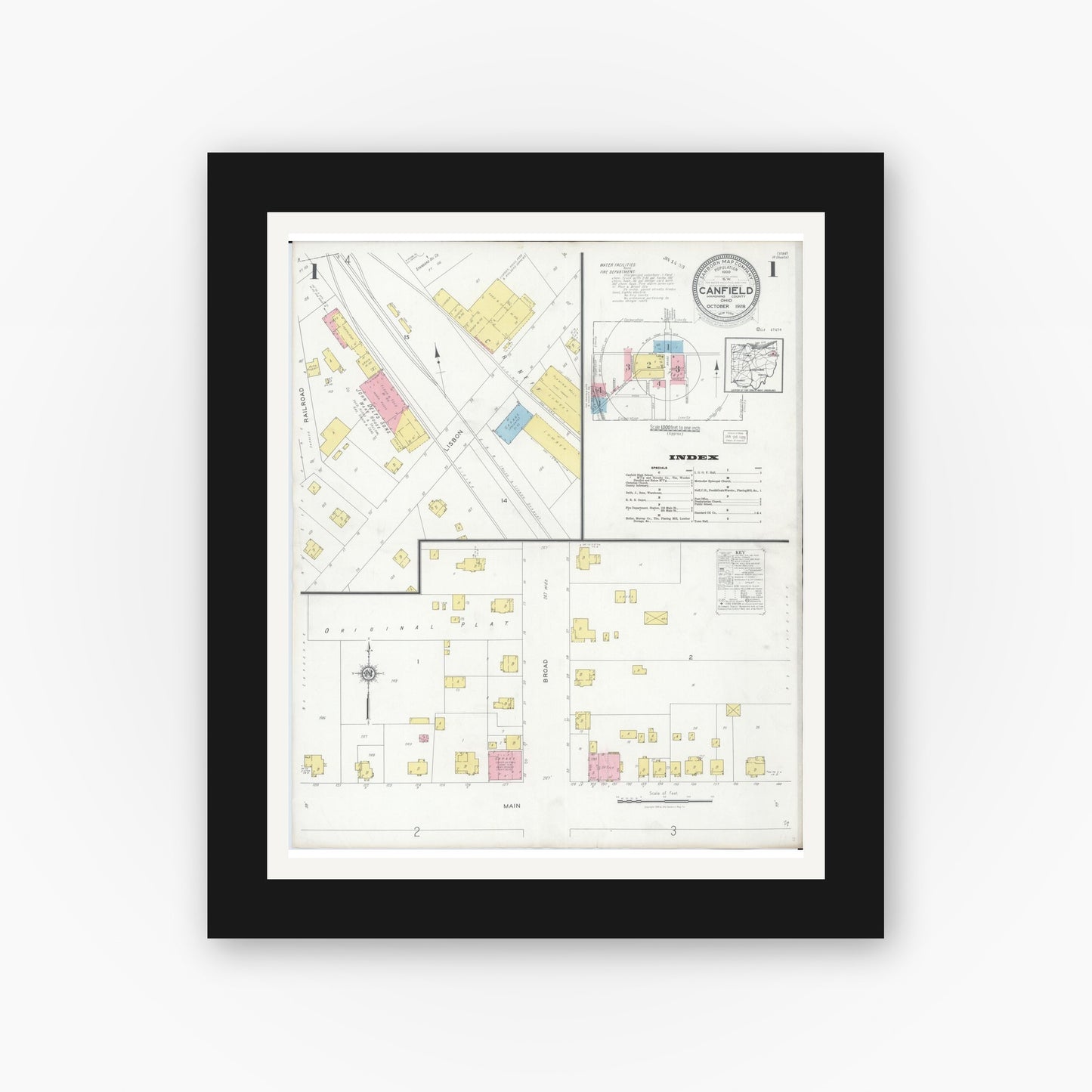 Old map wall art mockup — black gallery frame with white mat — Sanborn Fire Insurance Map from Canfield, Mahoning County, Ohio (1928) - Complete Map Set