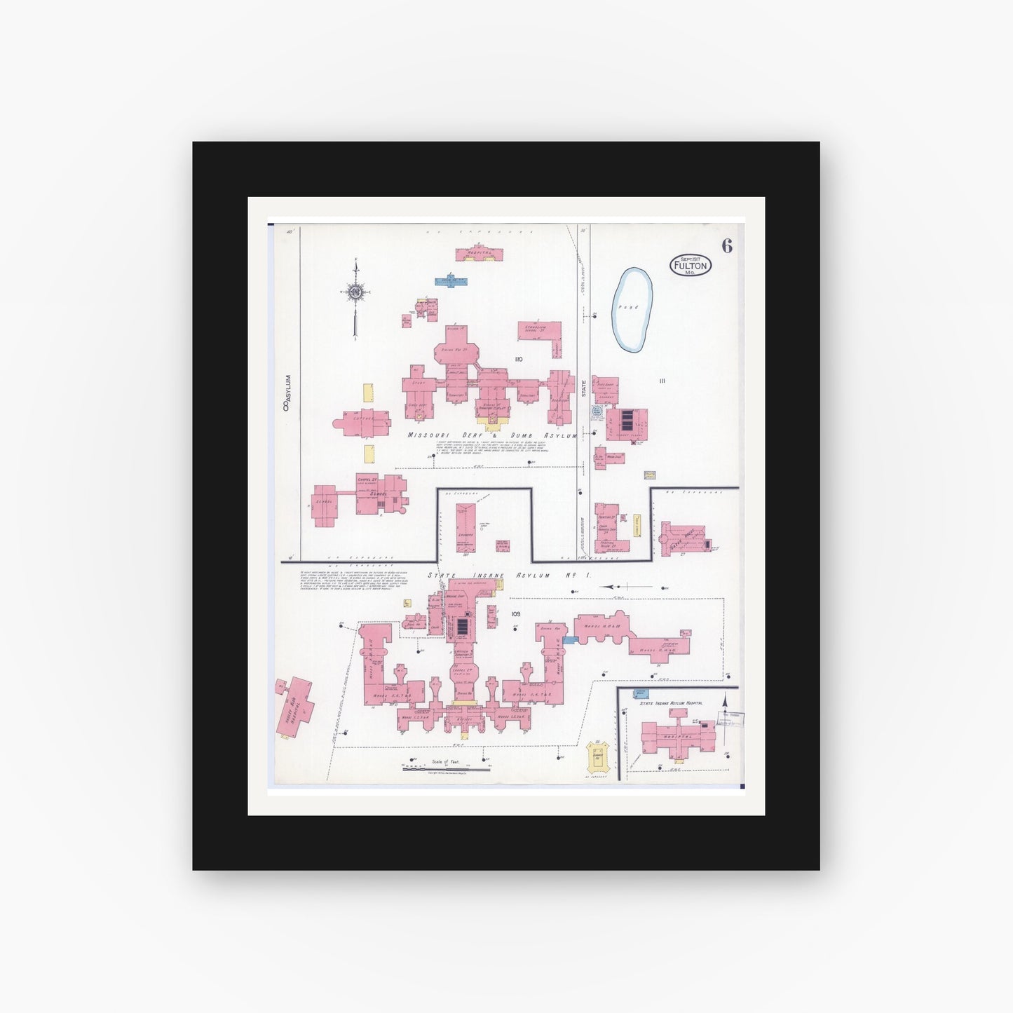 Old map wall art mockup — black gallery frame with white mat — Sanborn Fire Insurance Map from Fulton, Callaway County, Missouri (1917), Sheet #0006