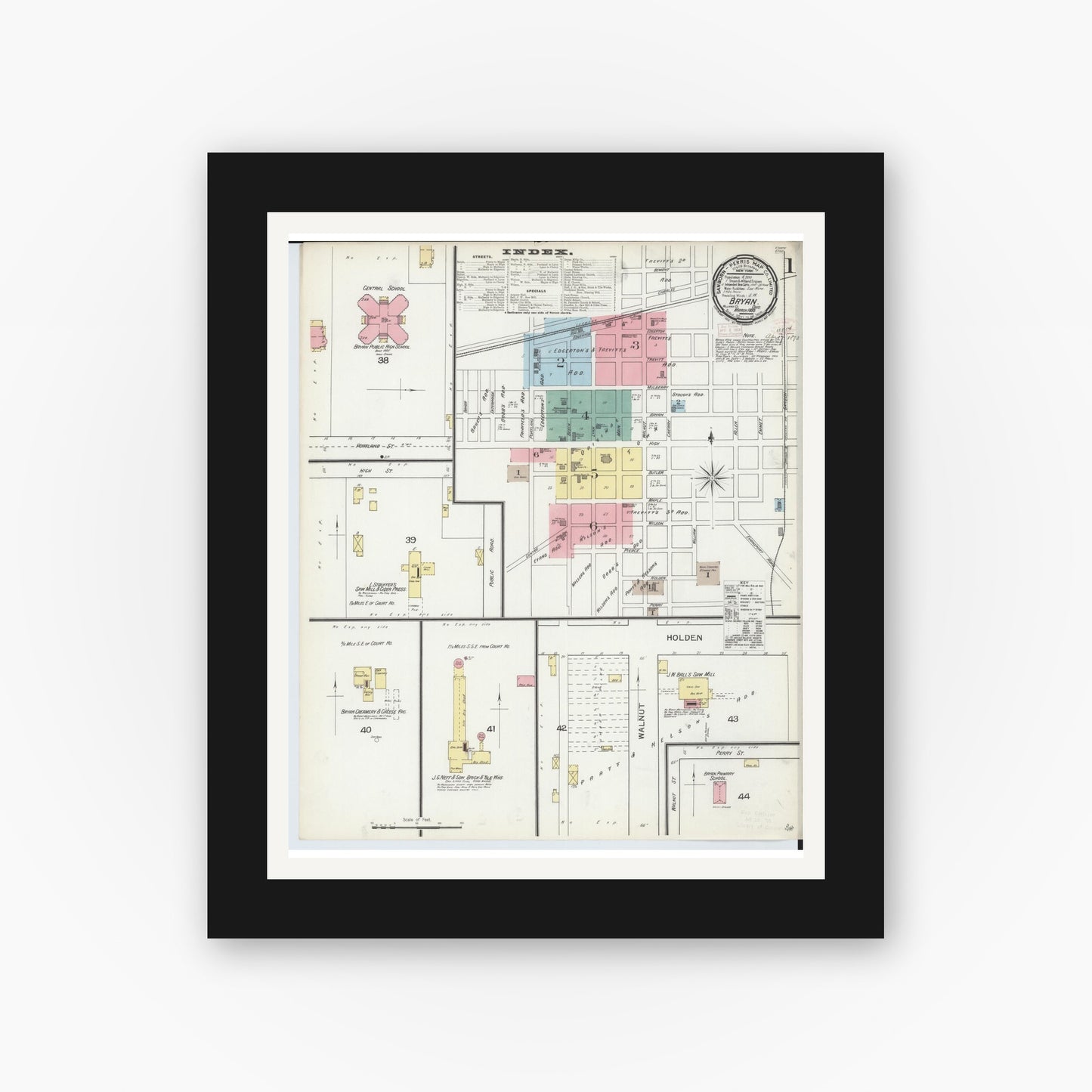 Old map wall art mockup — black gallery frame with white mat — Sanborn Fire Insurance Map from Bryan, Williams County, Ohio (1893) - Complete Map Set