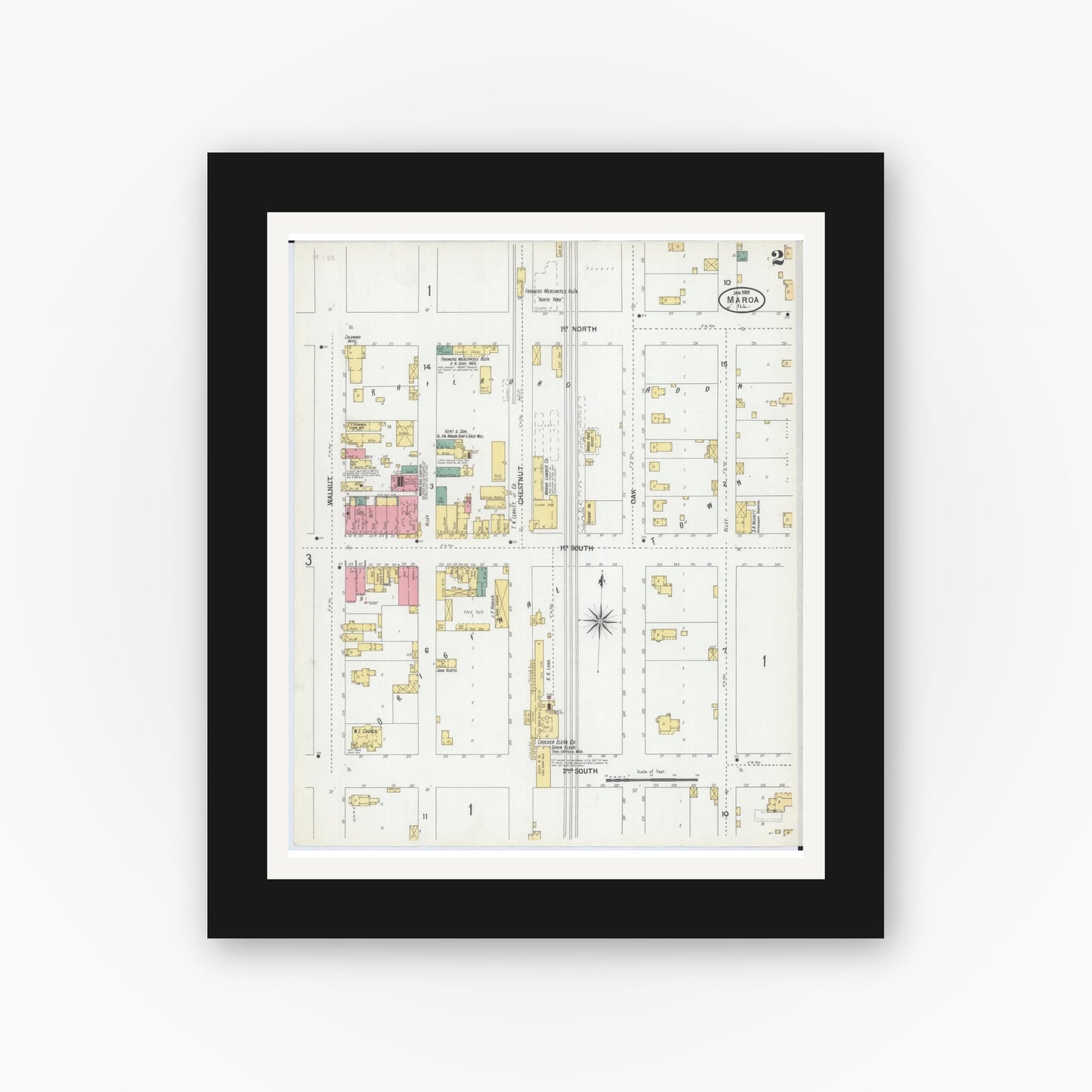 Old map wall art mockup — black gallery frame with white mat — Sanborn Fire Insurance Map from Maroa, Macon County, Illinois (1901), Sheet #0002