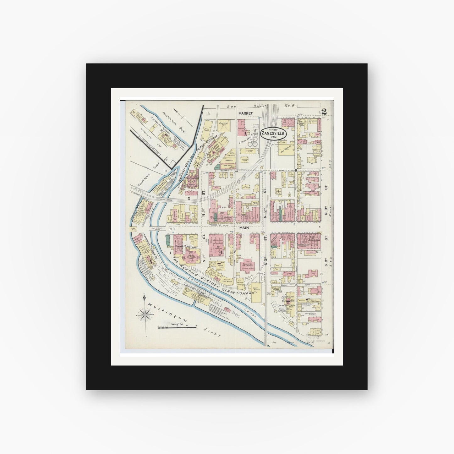 Old map wall art mockup — black gallery frame with white mat — Sanborn Fire Insurance Map from Zanesville, Muskingum County, Ohio (1889), Sheet #0002