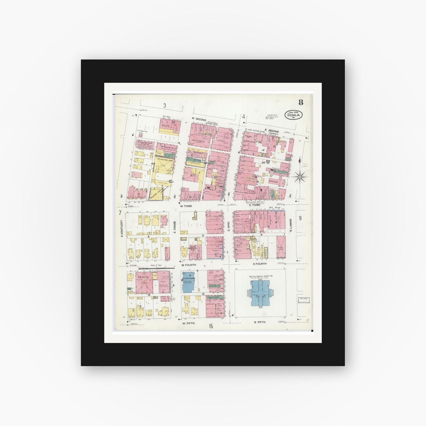 Old map wall art mockup — black gallery frame with white mat — Sanborn Fire Insurance Map from Sedalia, Pettis County, Missouri (1908), Sheet #0008
