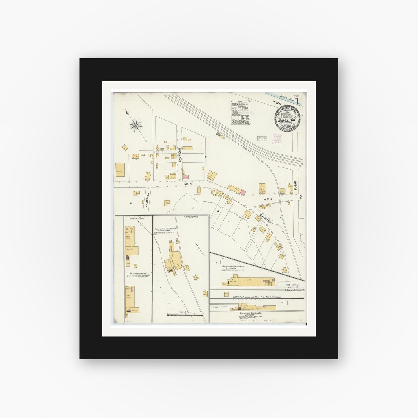 Old map wall art mockup — black gallery frame with white mat — Sanborn Fire Insurance Map from Mapleton, Huntingdon County, Pennsylvania (1904) - Complete Map Set