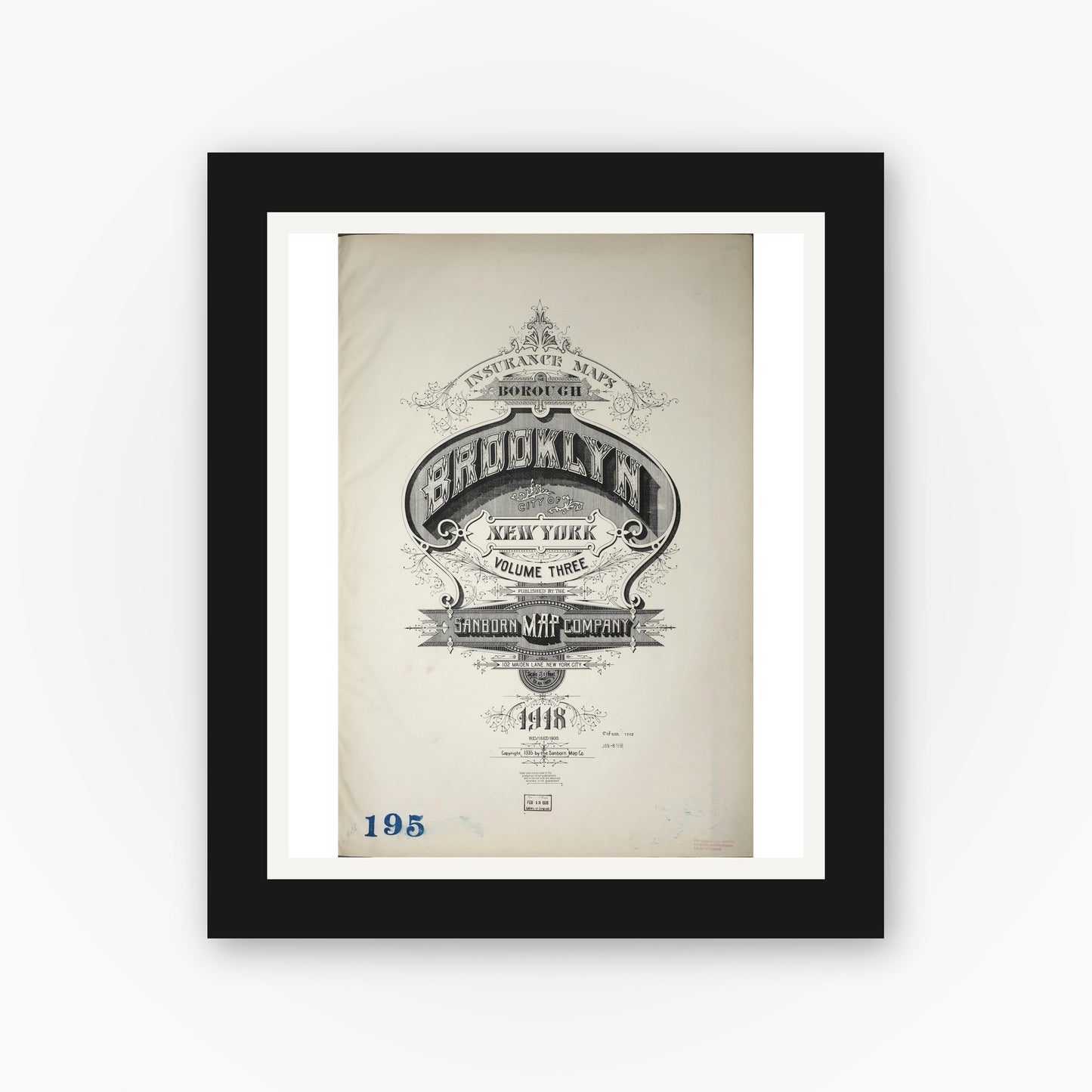 Old map wall art mockup — black gallery frame with white mat — Sanborn Fire Insurance Map from Brooklyn, Kings County, New York (1935), Sheet #0001
