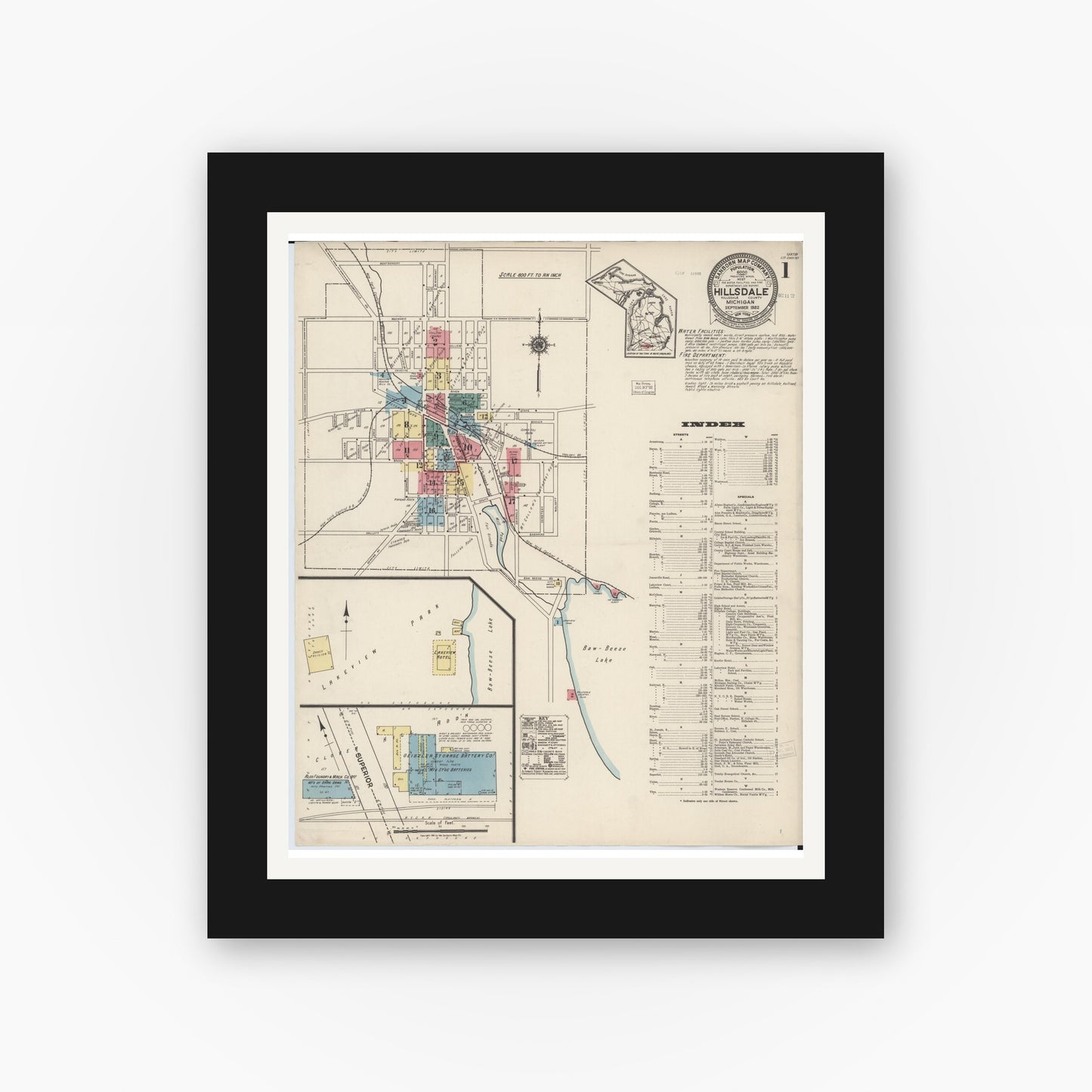 Old map wall art mockup — black gallery frame with white mat — Sanborn Fire Insurance Map from Hillsdale, Hillsdale County, Michigan (1922) - Complete Map Set