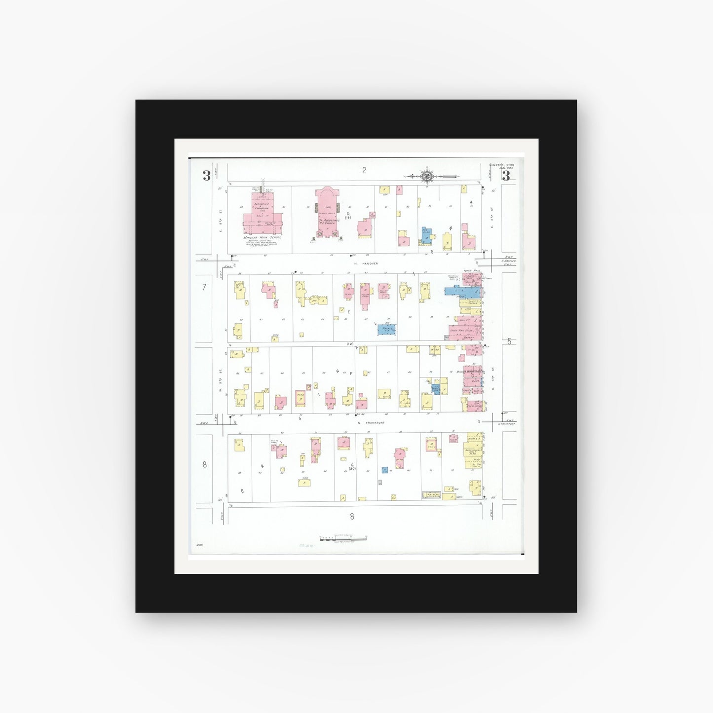 Old map wall art mockup — black gallery frame with white mat — Sanborn Fire Insurance Map from Minster, Auglaize County, Ohio (1951), Sheet #0003