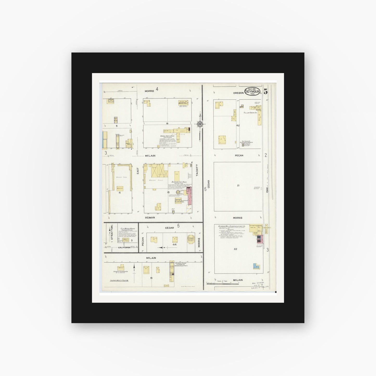 Old map wall art mockup — black gallery frame with white mat — Sanborn Fire Insurance Map from Seymour, Baylor County, Texas (1916), Sheet #0005