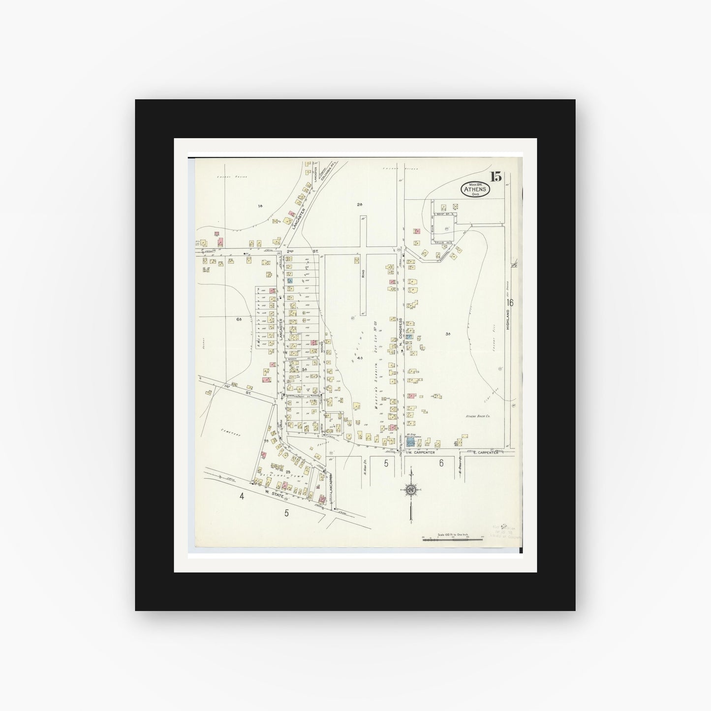 Old map wall art mockup — black gallery frame with white mat — Sanborn Fire Insurance Map from Athens, Athens County, Ohio (1914), Sheet #0015