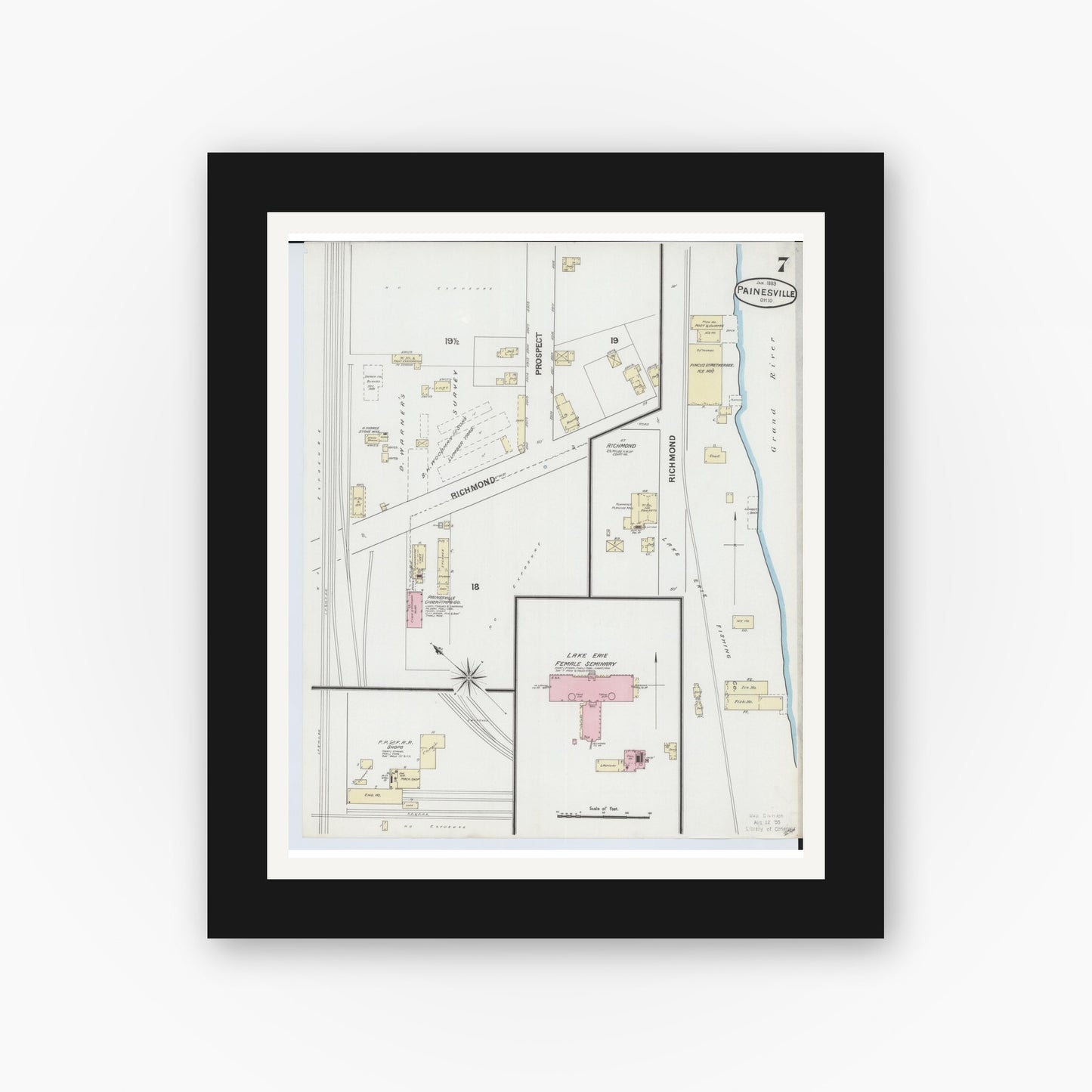 Old map wall art mockup — black gallery frame with white mat — Sanborn Fire Insurance Map from Painesville, Lake County, Ohio (1889), Sheet #0007