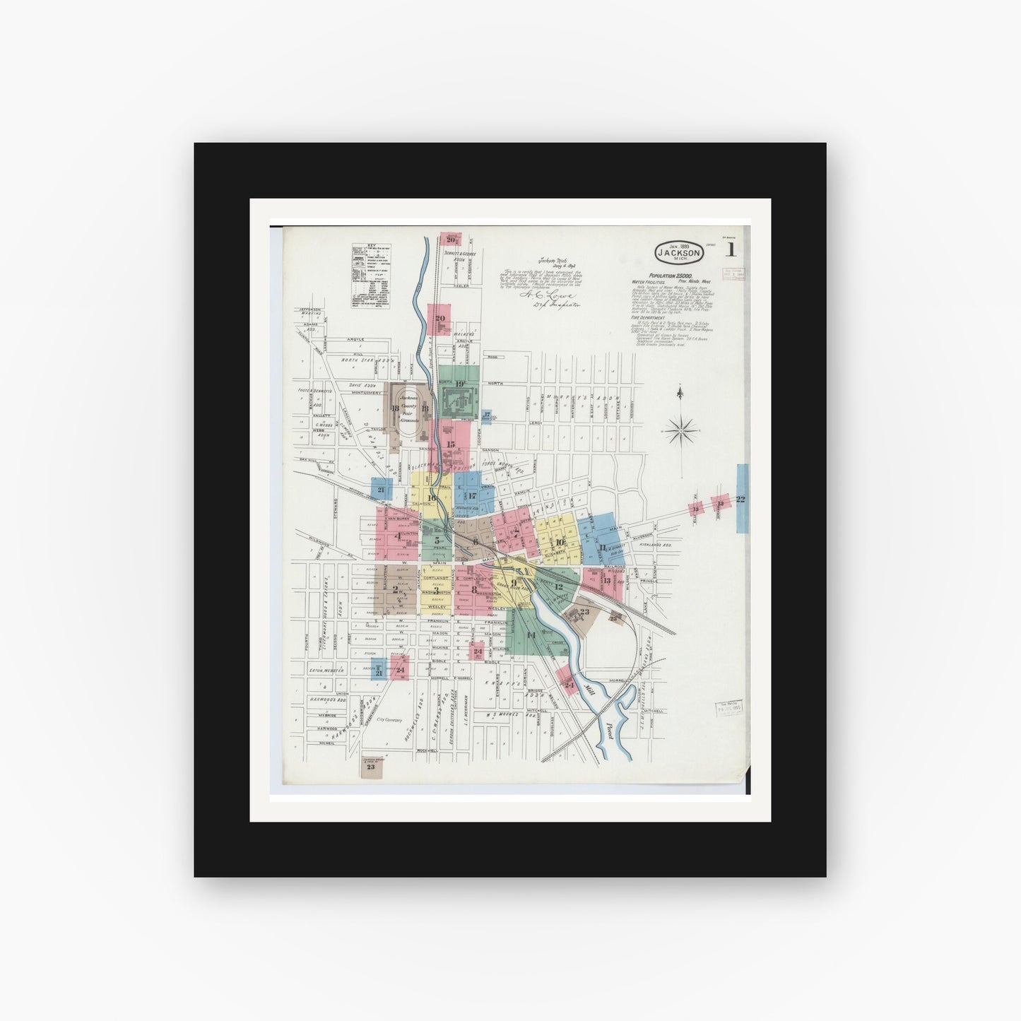 Old map wall art mockup — black gallery frame with white mat — Sanborn Fire Insurance Map from Jackson, Jackson County, Michigan (1893) - Complete Map Set