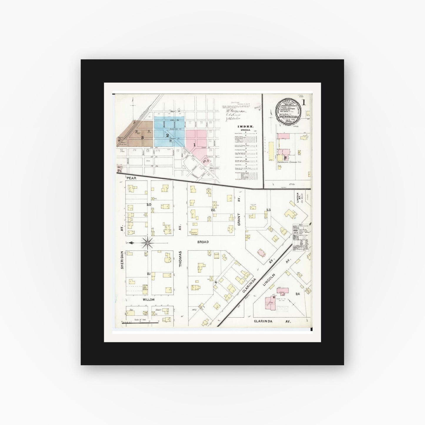 Old map wall art mockup — black gallery frame with white mat — Sanborn Fire Insurance Map from Shenandoah, Page County, Iowa (1891) — Complete Set