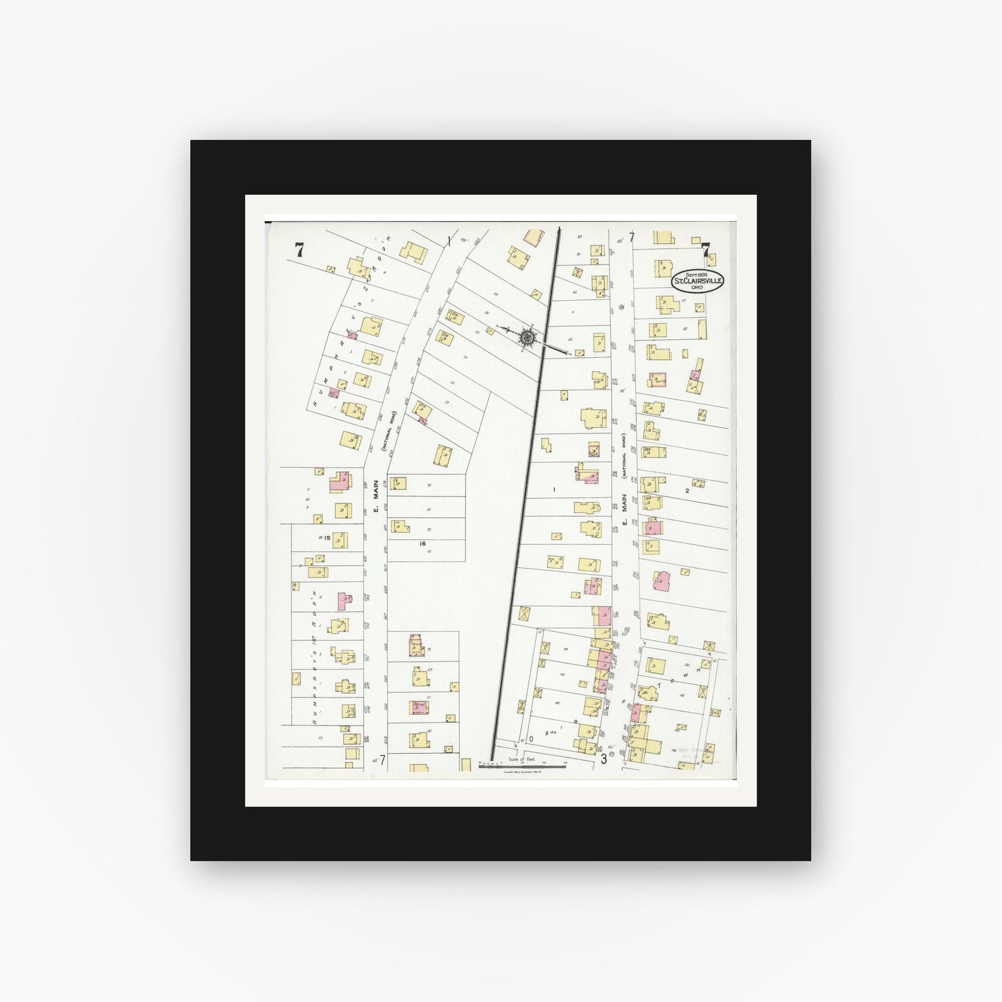 Old map wall art mockup — black gallery frame with white mat — Sanborn Fire Insurance Map from Saint Clairsville, Belmont County, Ohio (1924), Sheet #0007