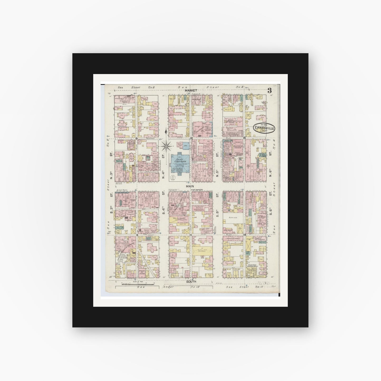 Old map wall art mockup — black gallery frame with white mat — Sanborn Fire Insurance Map from Zanesville, Muskingum County, Ohio (1889), Sheet #0003