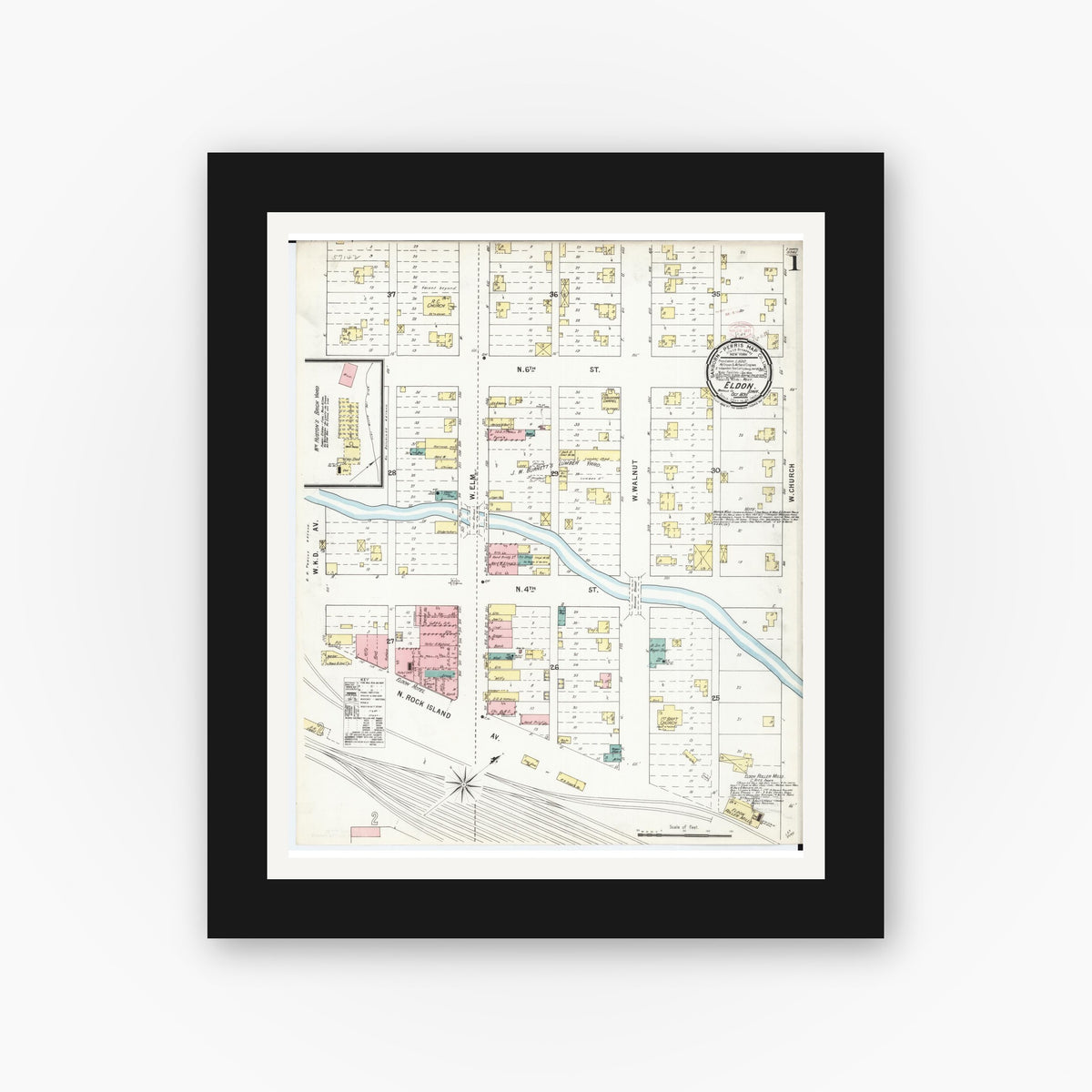 Old map wall art mockup — black gallery frame with white mat — Sanborn Fire Insurance Map from Eldon, Wapello County, Iowa (1895) — Complete Set