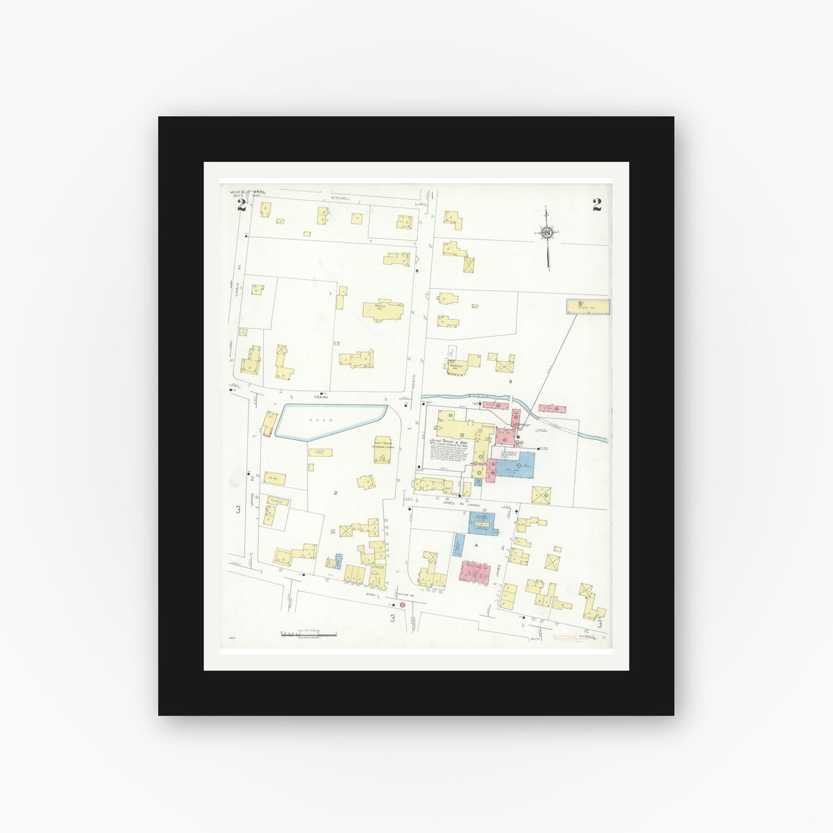 Old map wall art mockup — black gallery frame with white mat — Sanborn Fire Insurance Map from Medfield, Norfolk County, Massachusetts (1933), Sheet #0002