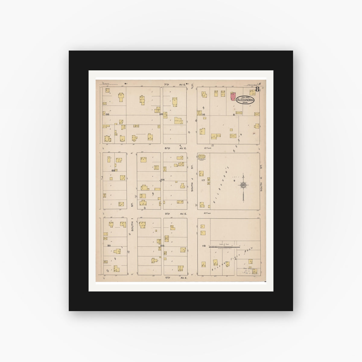 Old map wall art mockup — black gallery frame with white mat — Sanborn Fire Insurance Map from Alexandria, Douglas County, Minnesota (1922), Sheet #0008