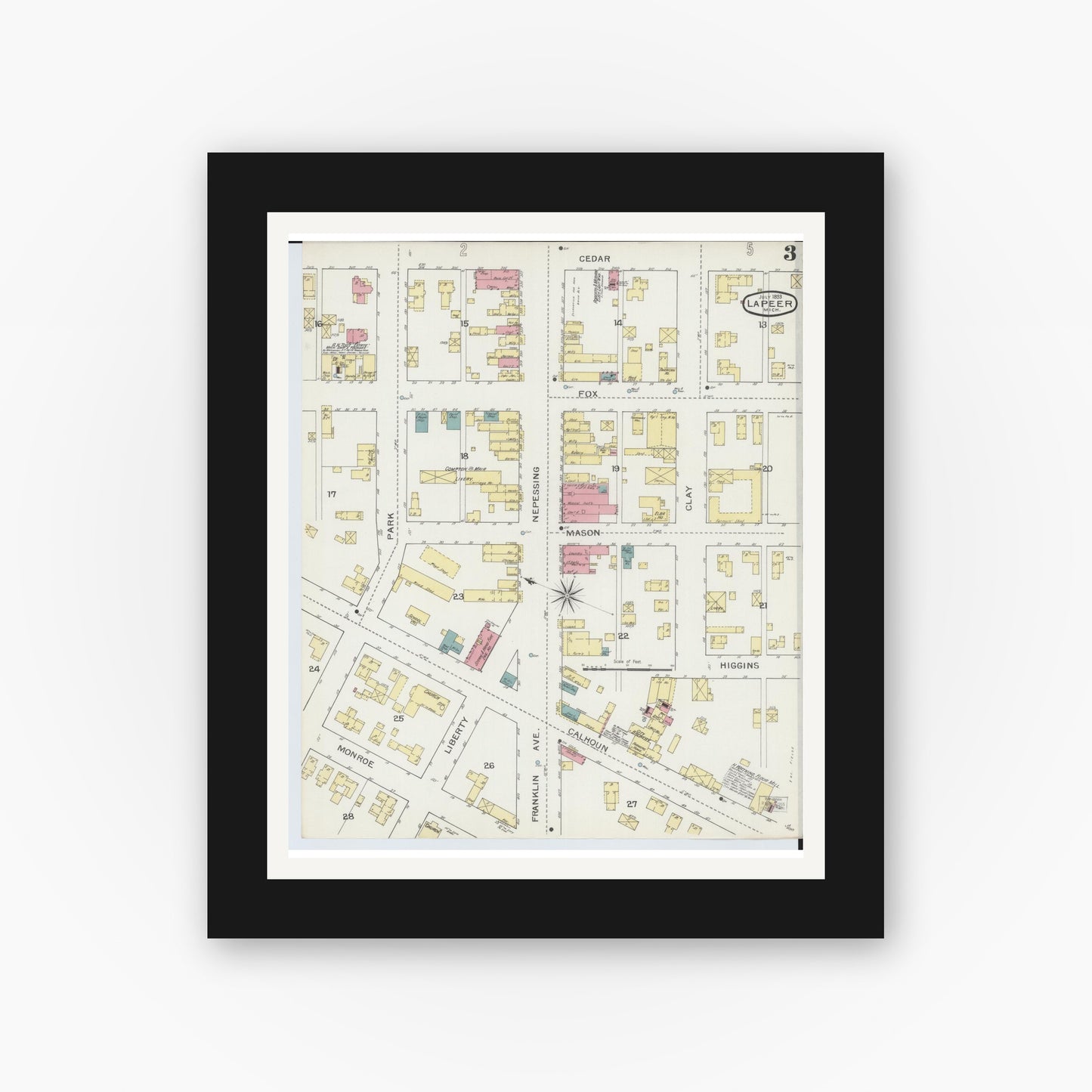 Old map wall art mockup — black gallery frame with white mat — Sanborn Fire Insurance Map from Lapeer, Lapeer County, Michigan (1893), Sheet #0003