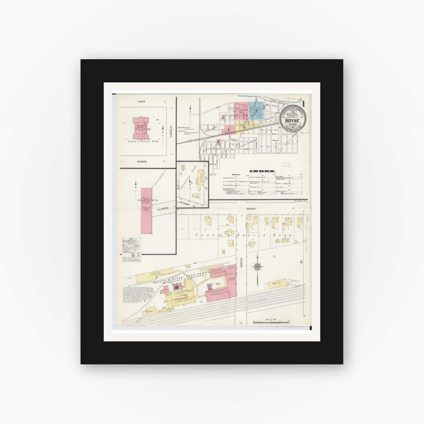 Old map wall art mockup — black gallery frame with white mat — Sanborn Fire Insurance Map from Wayne, Wayne County, Michigan (1912) - Complete Map Set