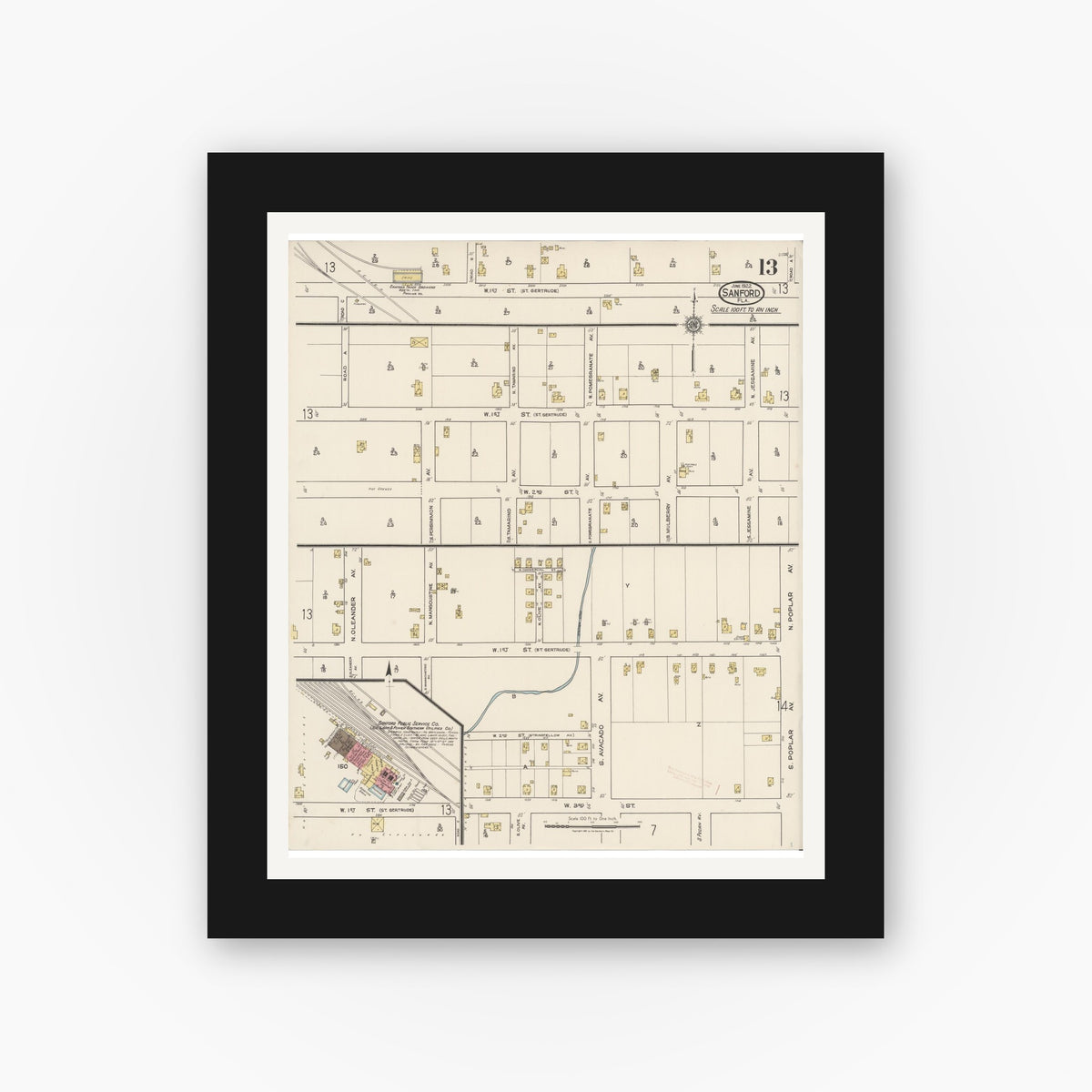 Old map wall art mockup — black gallery frame with white mat — Sanborn Fire Insurance Map from Sanford, Seminole County, Florida (1922), Sheet #0013