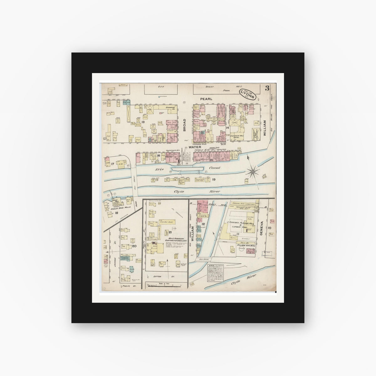 Old map wall art mockup — black gallery frame with white mat — Sanborn Fire Insurance Map from Lyons, Wayne County, New York (1884), Sheet #0003