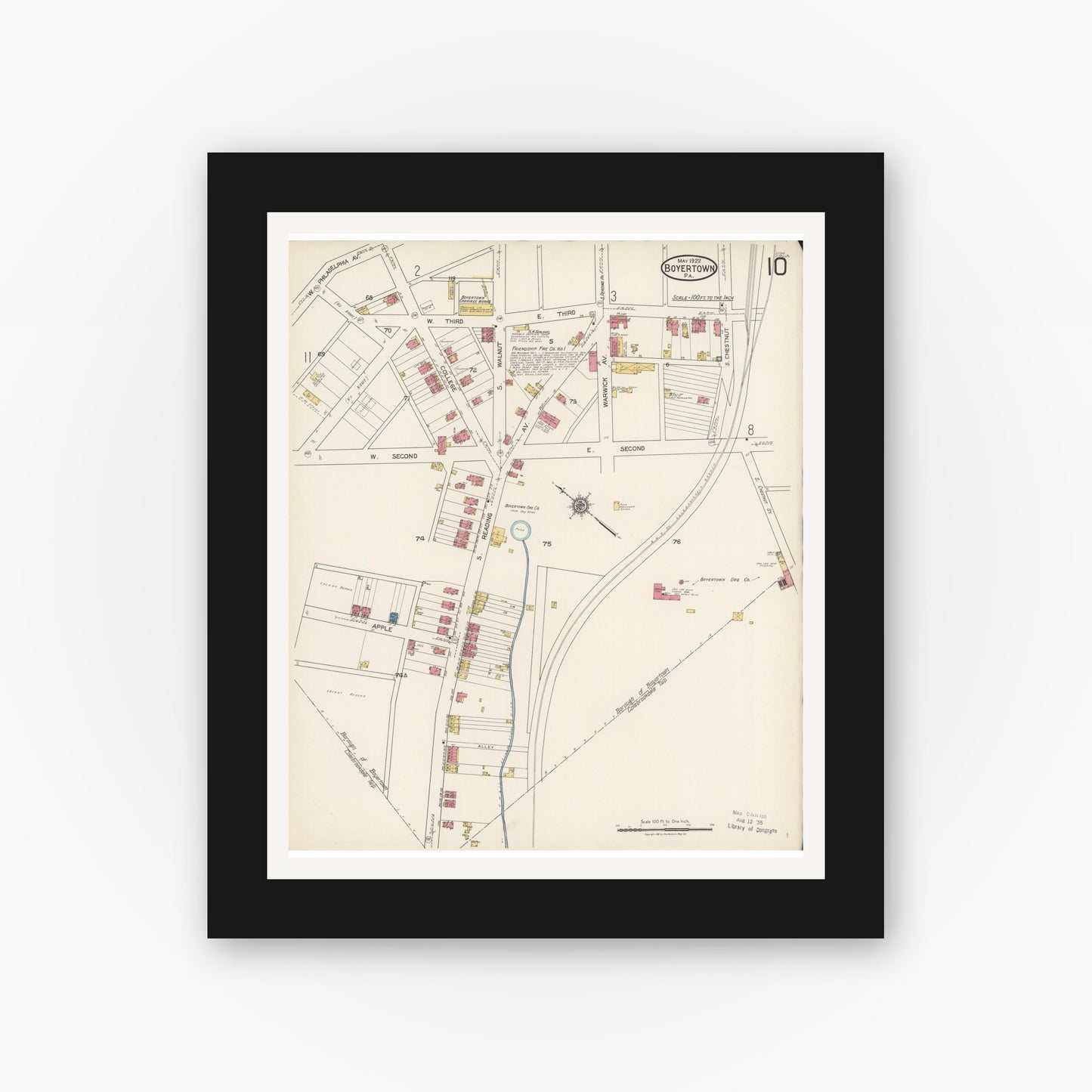 Old map wall art mockup — black gallery frame with white mat — Sanborn Fire Insurance Map from Boyertown, Berks County, Pennsylvania (1922), Sheet #0010