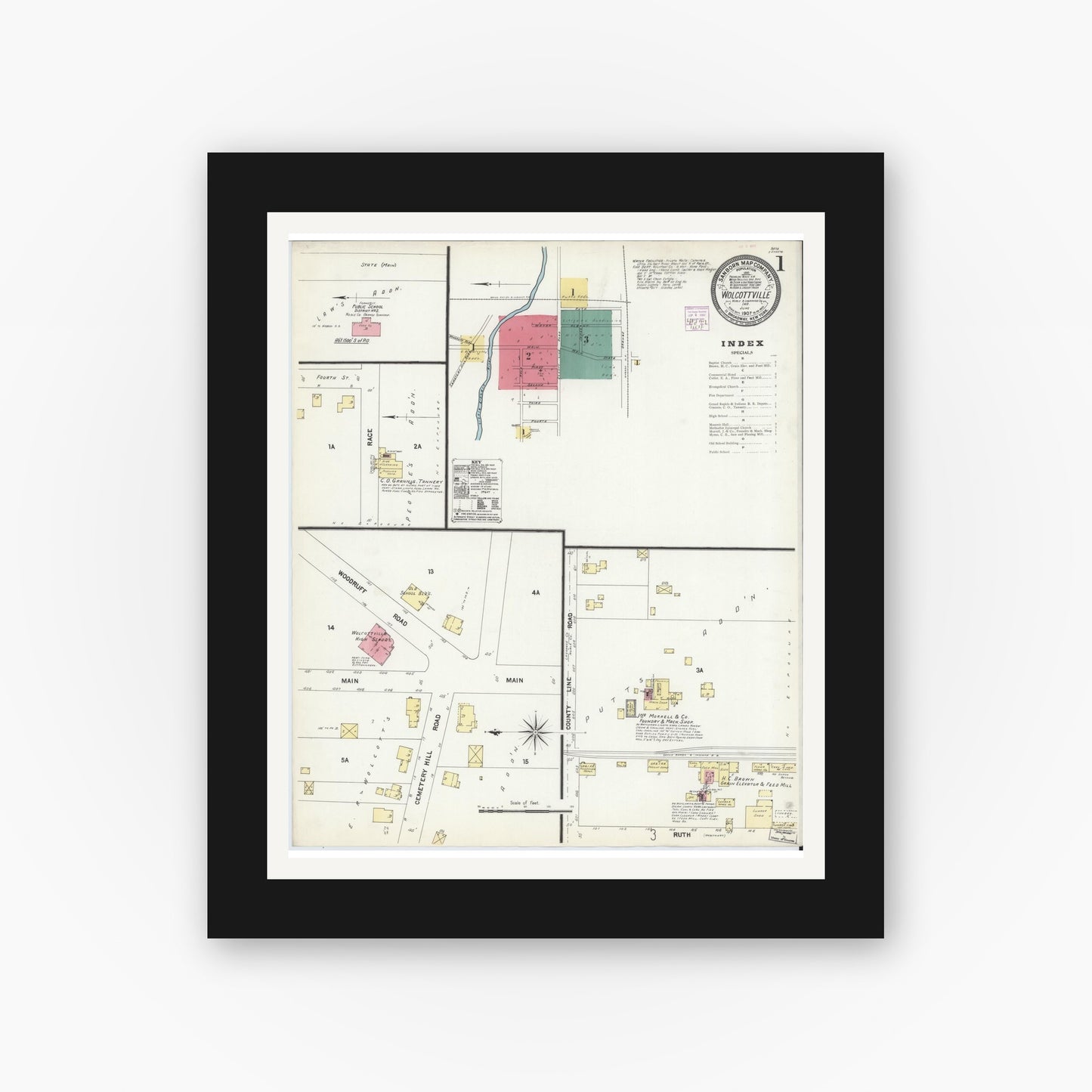 Old map wall art mockup — black gallery frame with white mat — Sanborn Fire Insurance Map from Wolcottville, Noble And LaGrange Counties, Indiana (1907) - Complete Map Set