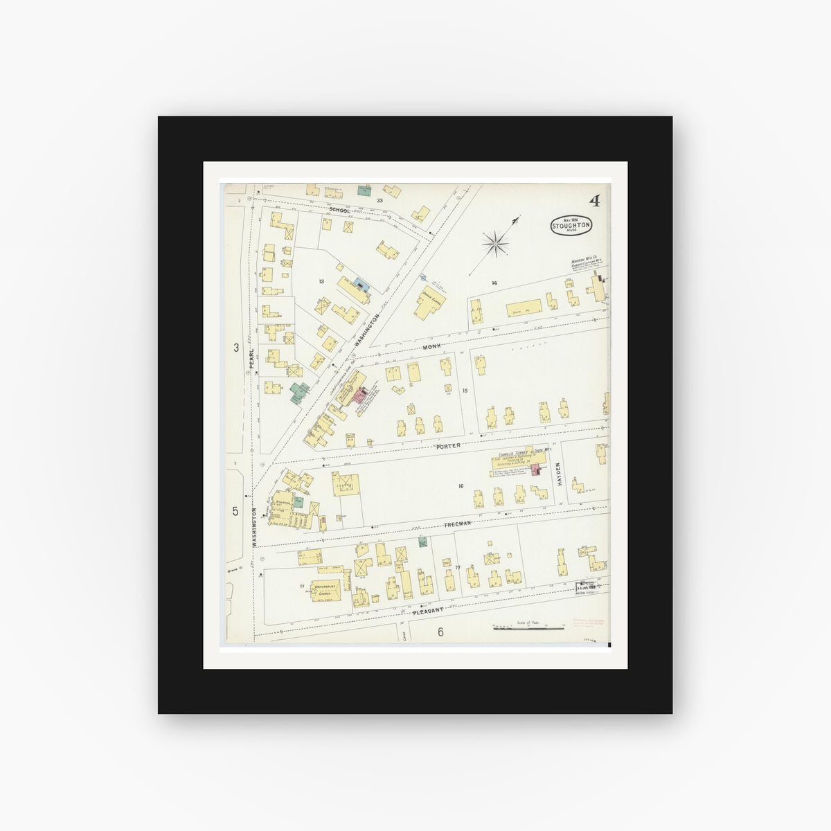 Old map wall art mockup — black gallery frame with white mat — Sanborn Fire Insurance Map from Stoughton, Norfolk County, Massachusetts (1896), Sheet #0004
