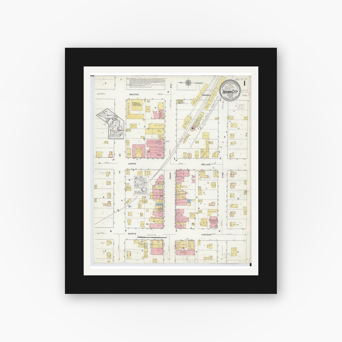 Old map wall art mockup — black gallery frame with white mat — Sanborn Fire Insurance Map from Brown City, Sanilac County, Michigan (1915), Sheet #0001
