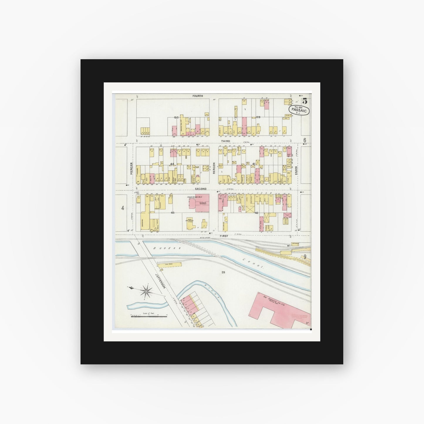 Old map wall art mockup — black gallery frame with white mat — Sanborn Fire Insurance Map from Passaic, Passaic County, New Jersey (1899), Sheet #0005