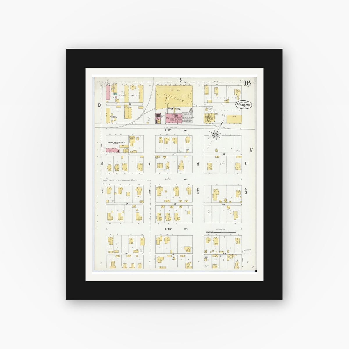 Old map wall art mockup — black gallery frame with white mat — Sanborn Fire Insurance Map from Corsicana, Navarro County, Texas (1905), Sheet #0016