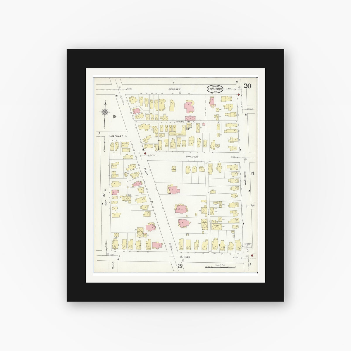 Old map wall art mockup — black gallery frame with white mat — Sanborn Fire Insurance Map from Lockport, Niagara County, New York (1914), Sheet #0020