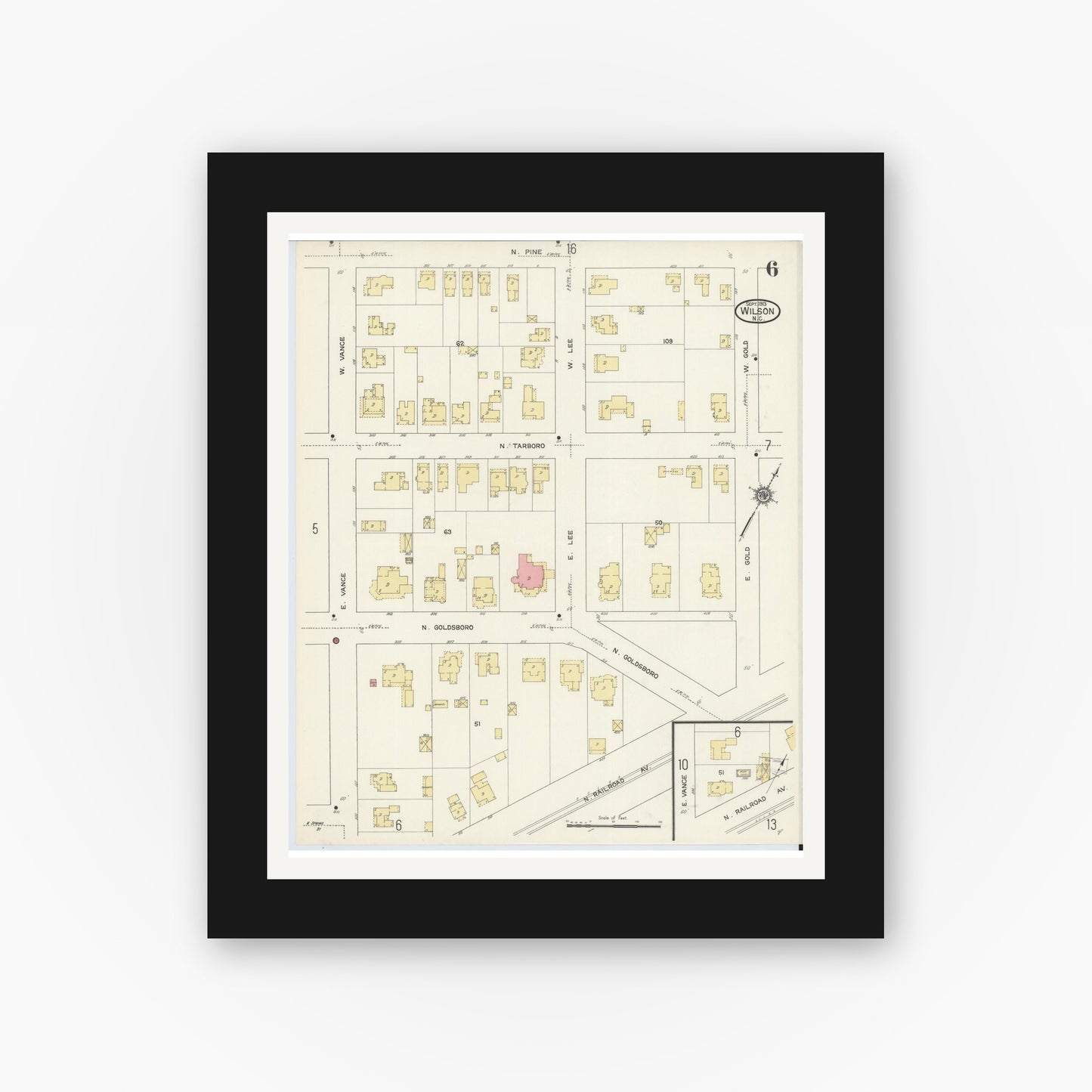 Old map wall art mockup — black gallery frame with white mat — Sanborn Fire Insurance Map from Wilson, Wilson County, North Carolina (1913), Sheet #0006