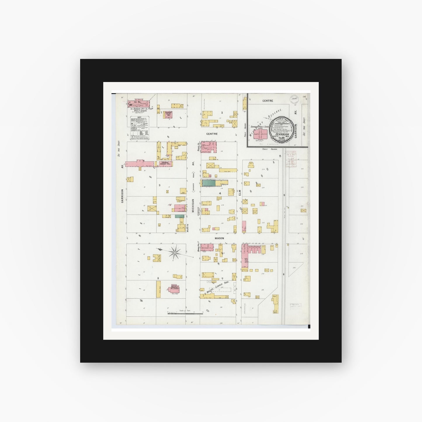 Old map wall art mockup — black gallery frame with white mat — Sanborn Fire Insurance Map from Dearborn, Wayne County, Michigan (1899), Sheet #0001