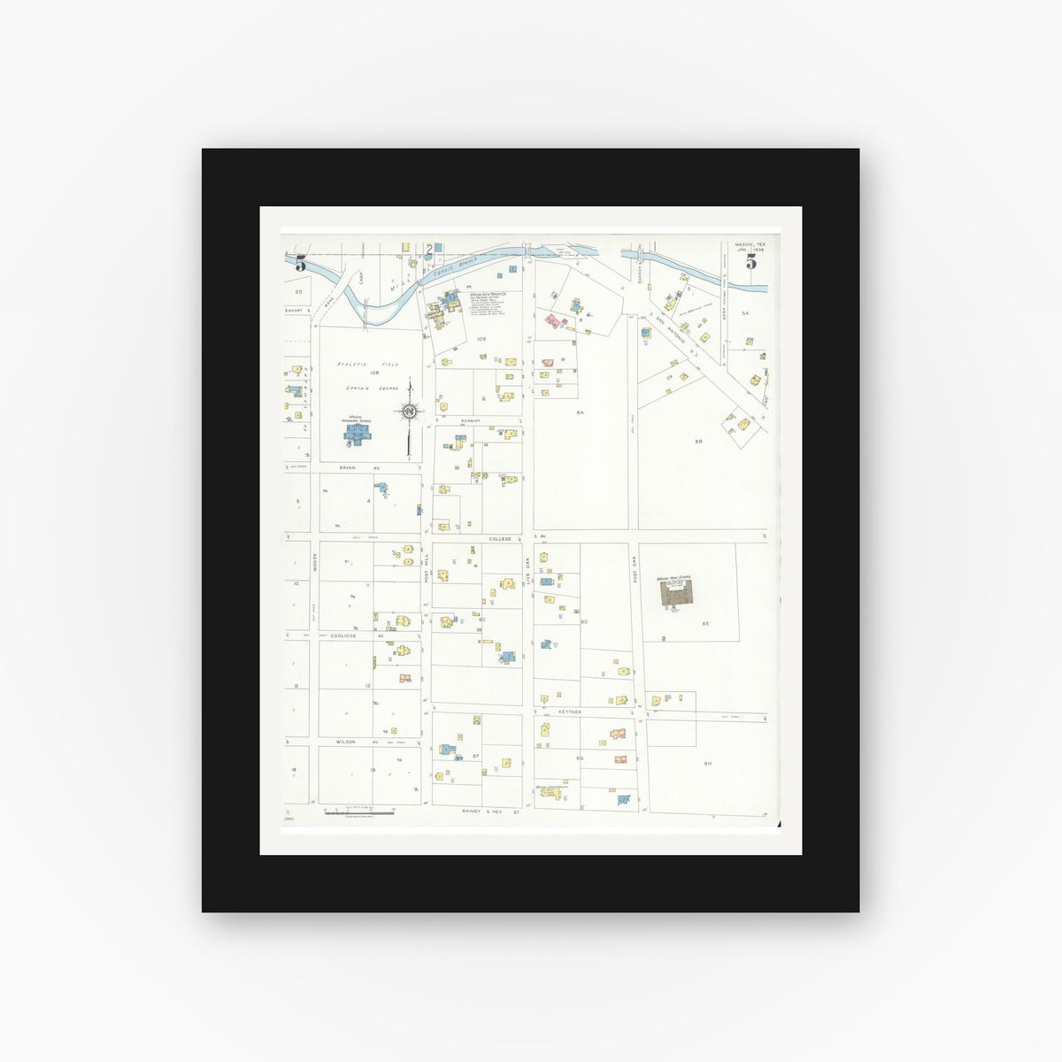 Old map wall art mockup — black gallery frame with white mat — Sanborn Fire Insurance Map from Mason, Mason County, Texas (1936), Sheet #0005