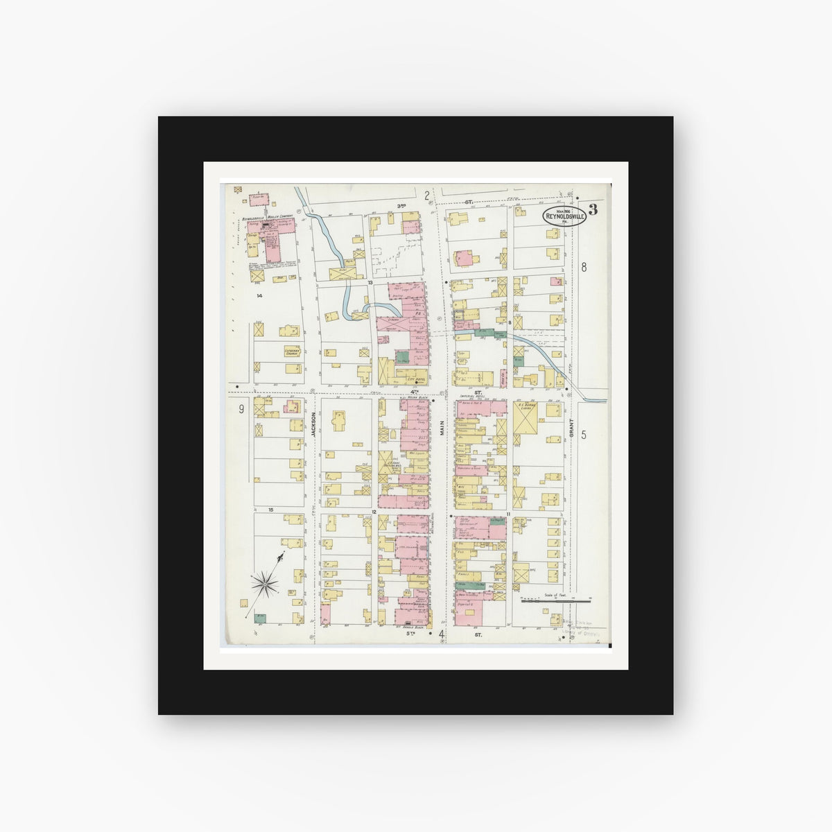 Old map wall art mockup β black gallery frame with white mat β Sanborn Fire Insurance Map from Reynoldsville, Jefferson County, Pennsylvania (1906), Sheet #0003
