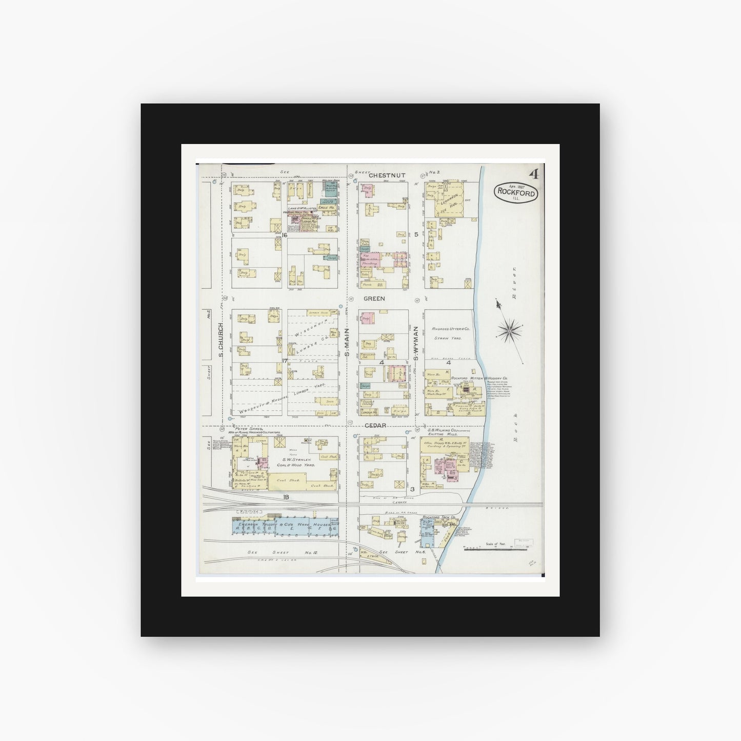 Old map wall art mockup — black gallery frame with white mat — Sanborn Fire Insurance Map from Rockford, Winnebago County, Illinois (1887), Sheet #0004