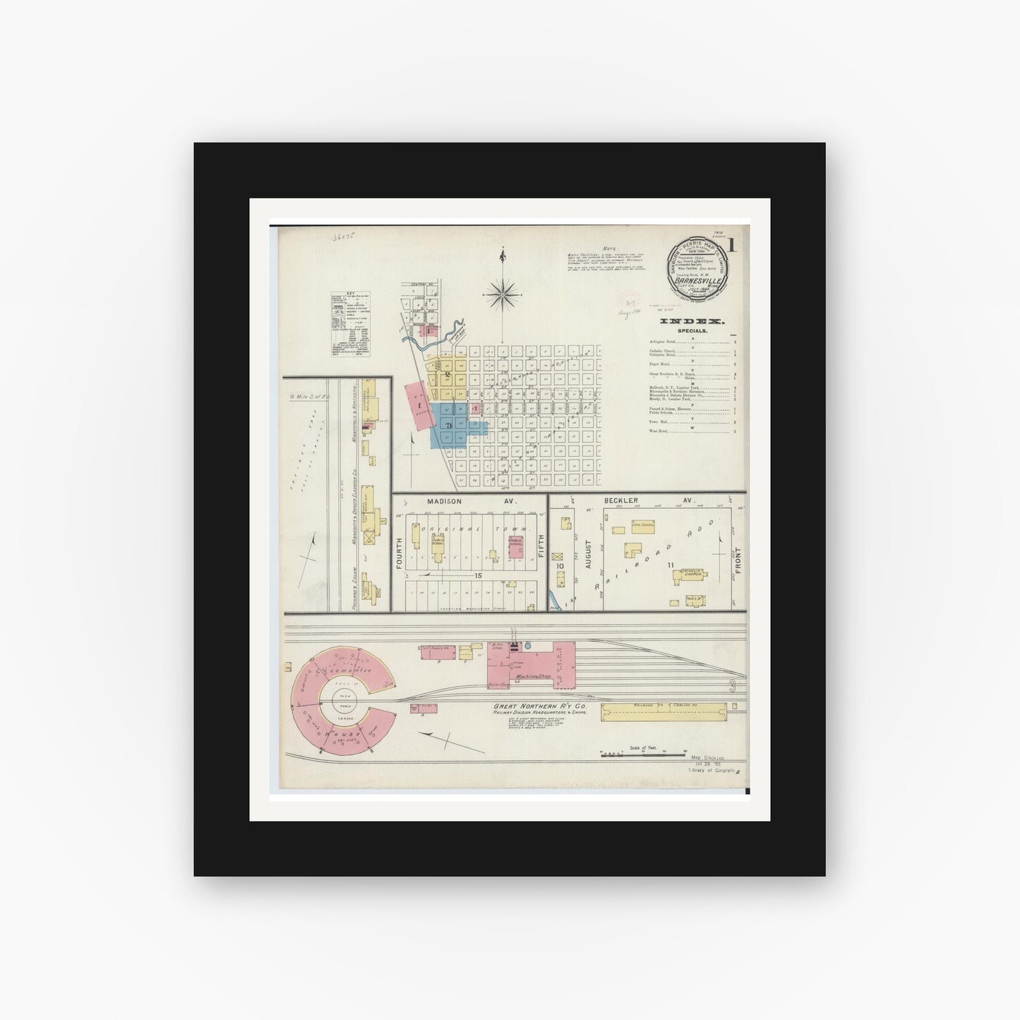 Old map wall art mockup — black gallery frame with white mat — Sanborn Fire Insurance Map from Barnesville, Clay County, Minnesota (1894) - Complete Map Set