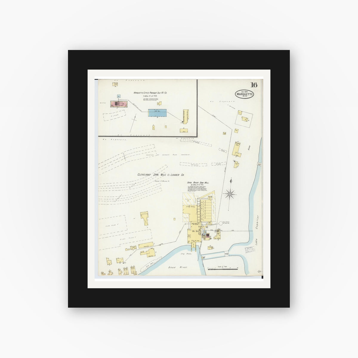 Old map wall art mockup — black gallery frame with white mat — Sanborn Fire Insurance Map from Marquette, Marquette County, Michigan (1897), Sheet #0016