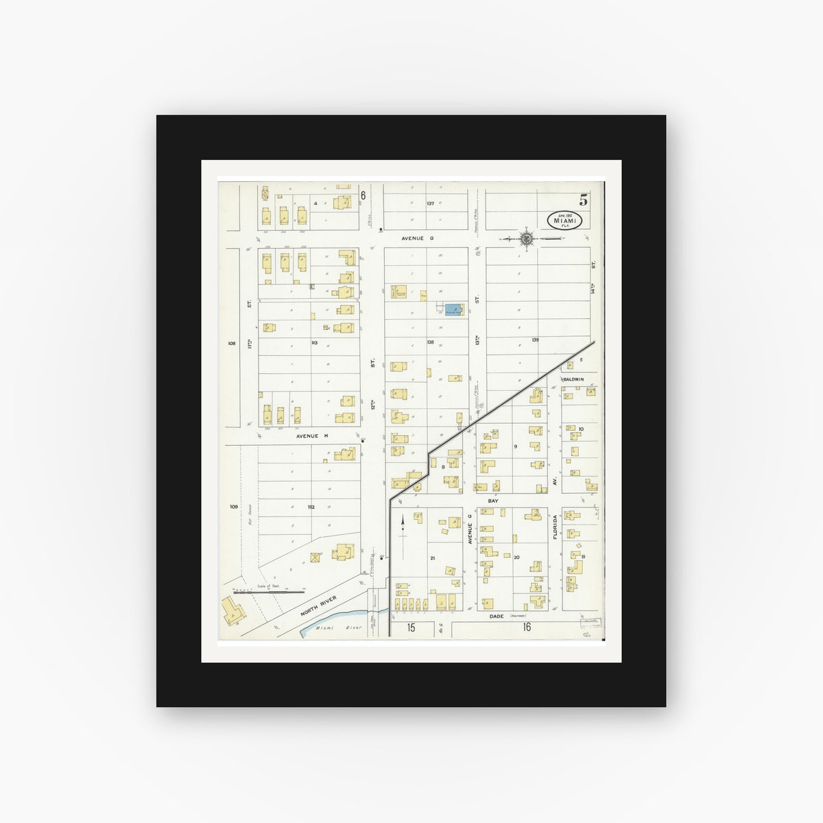 Old map wall art mockup — black gallery frame with white mat — Sanborn Fire Insurance Map from Miami, Dade County, Florida (1910), Sheet #0005