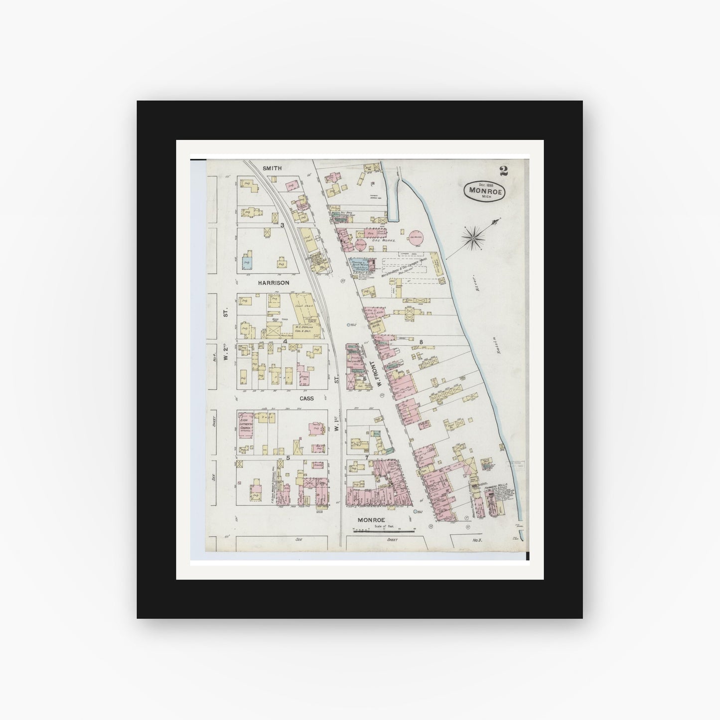 Old map wall art mockup — black gallery frame with white mat — Sanborn Fire Insurance Map from Monroe, Monroe County, Michigan (1888), Sheet #0002