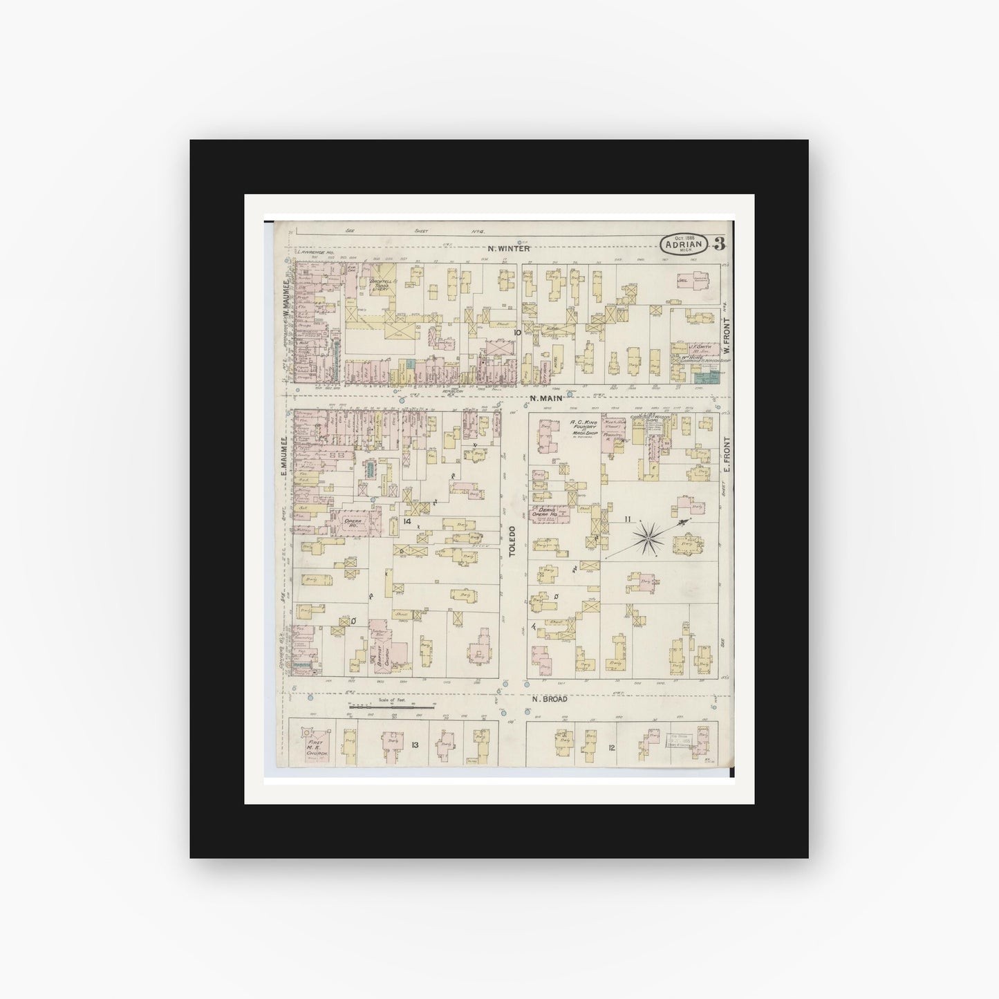 Old map wall art mockup — black gallery frame with white mat — Sanborn Fire Insurance Map from Adrian, Lenawee County, Michigan (1888), Sheet #0003