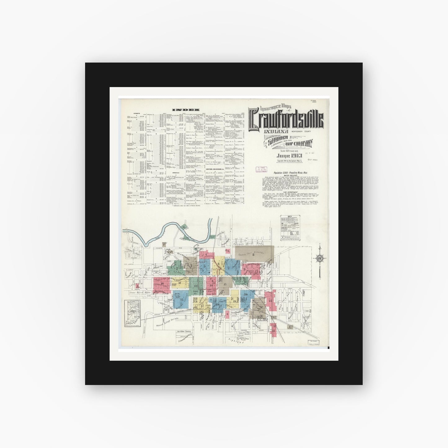 Old map wall art mockup — black gallery frame with white mat — Sanborn Fire Insurance Map from Crawfordsville, Montgomery County, Indiana (1913) - Complete Map Set