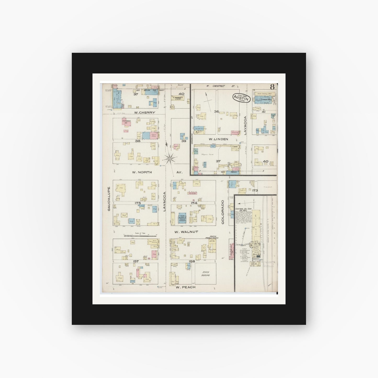 Old map wall art mockup — black gallery frame with white mat — Sanborn Fire Insurance Map from Austin, Travis County, Texas (1885), Sheet #0008