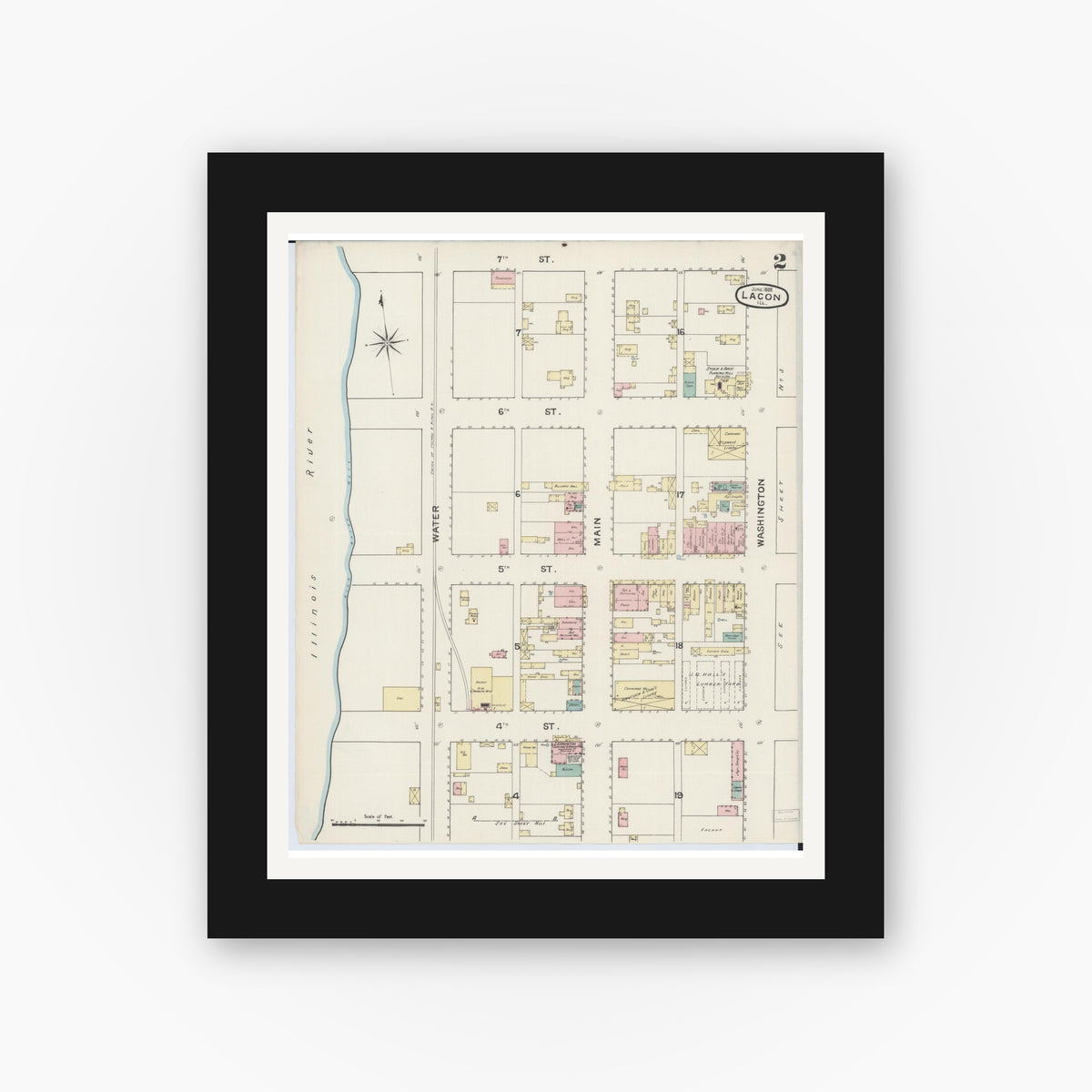 Old map wall art mockup — black gallery frame with white mat — Sanborn Fire Insurance Map from Lacon, Marshall County, Illinois (1888), Sheet #0002