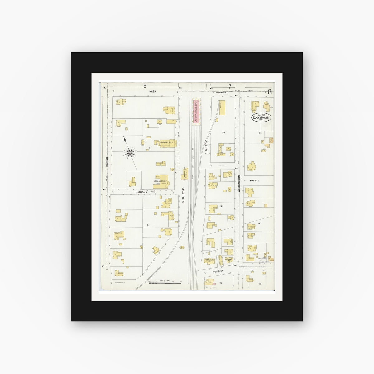 Old map wall art mockup — black gallery frame with white mat — Sanborn Fire Insurance Map from Rocky Mount, Edgecombe And Nash Counties, North Carolina (1901), Sheet #0008