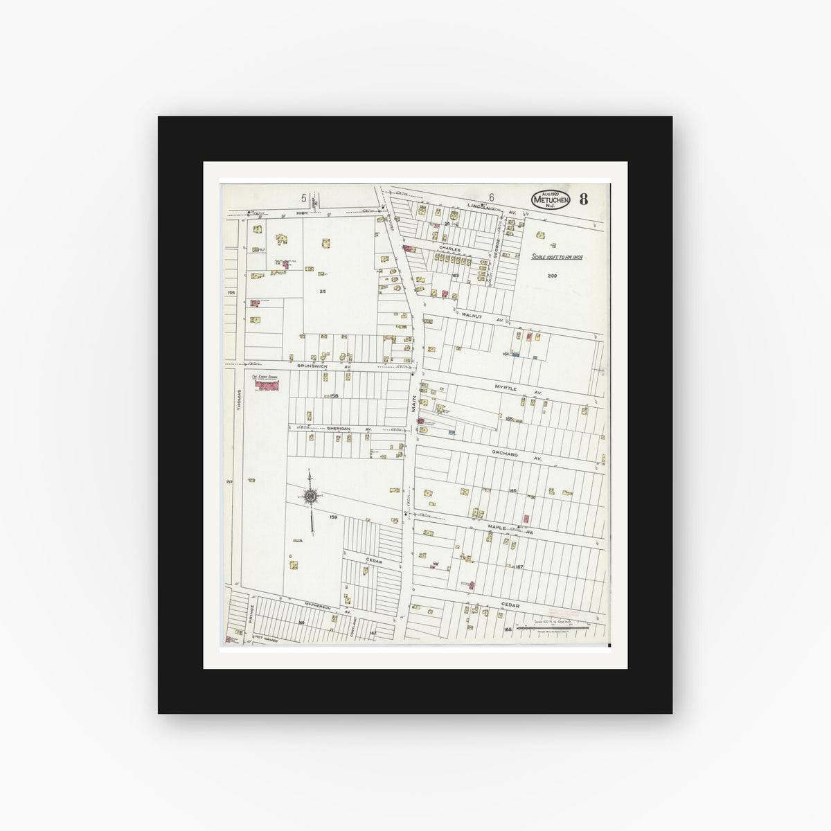 Old map wall art mockup — black gallery frame with white mat — Sanborn Fire Insurance Map from Metuchen, Middlesex County, New Jersey (1920), Sheet #0008