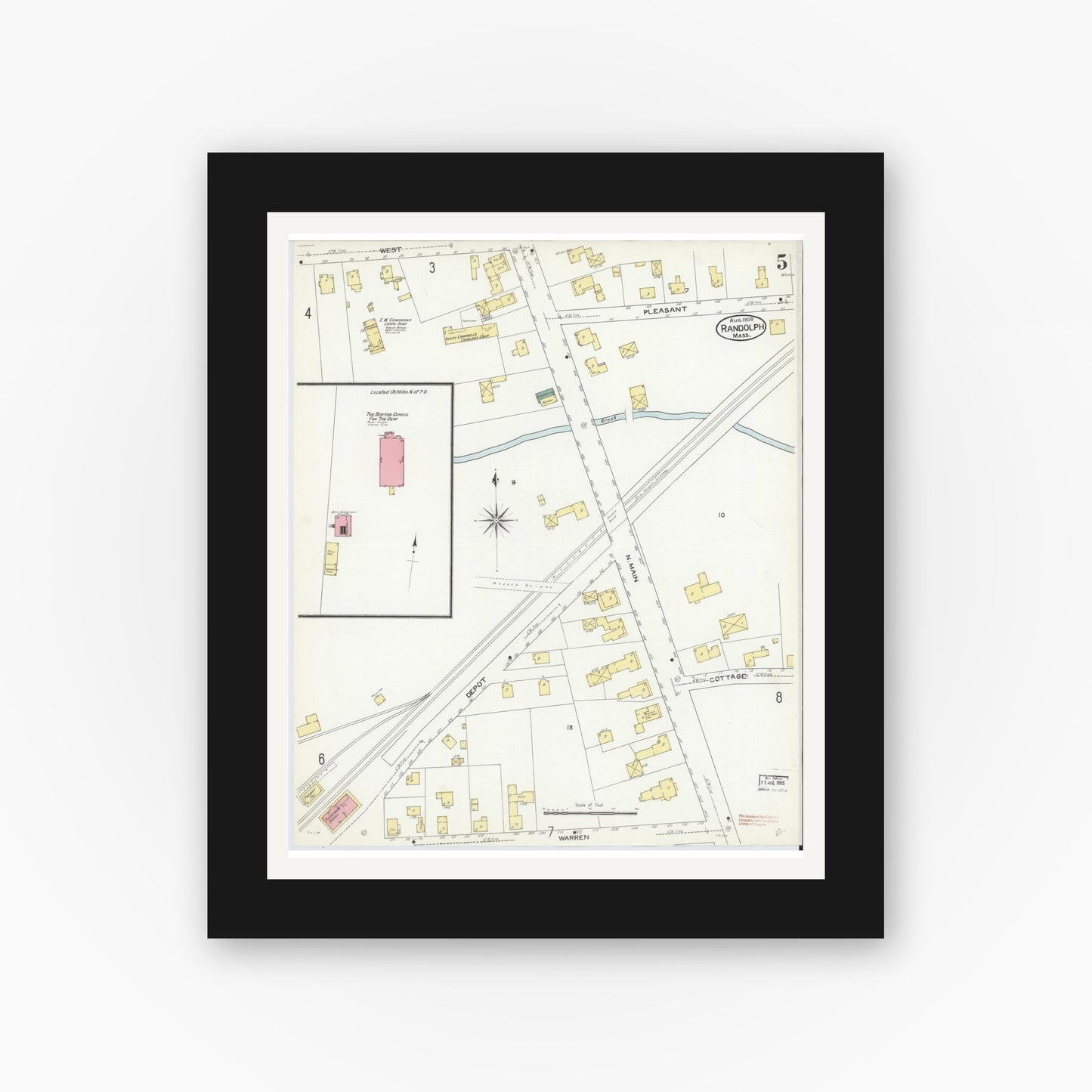 Old map wall art mockup — black gallery frame with white mat — Sanborn Fire Insurance Map from Randolph, Norfolk County, Massachusetts (1909), Sheet #0005